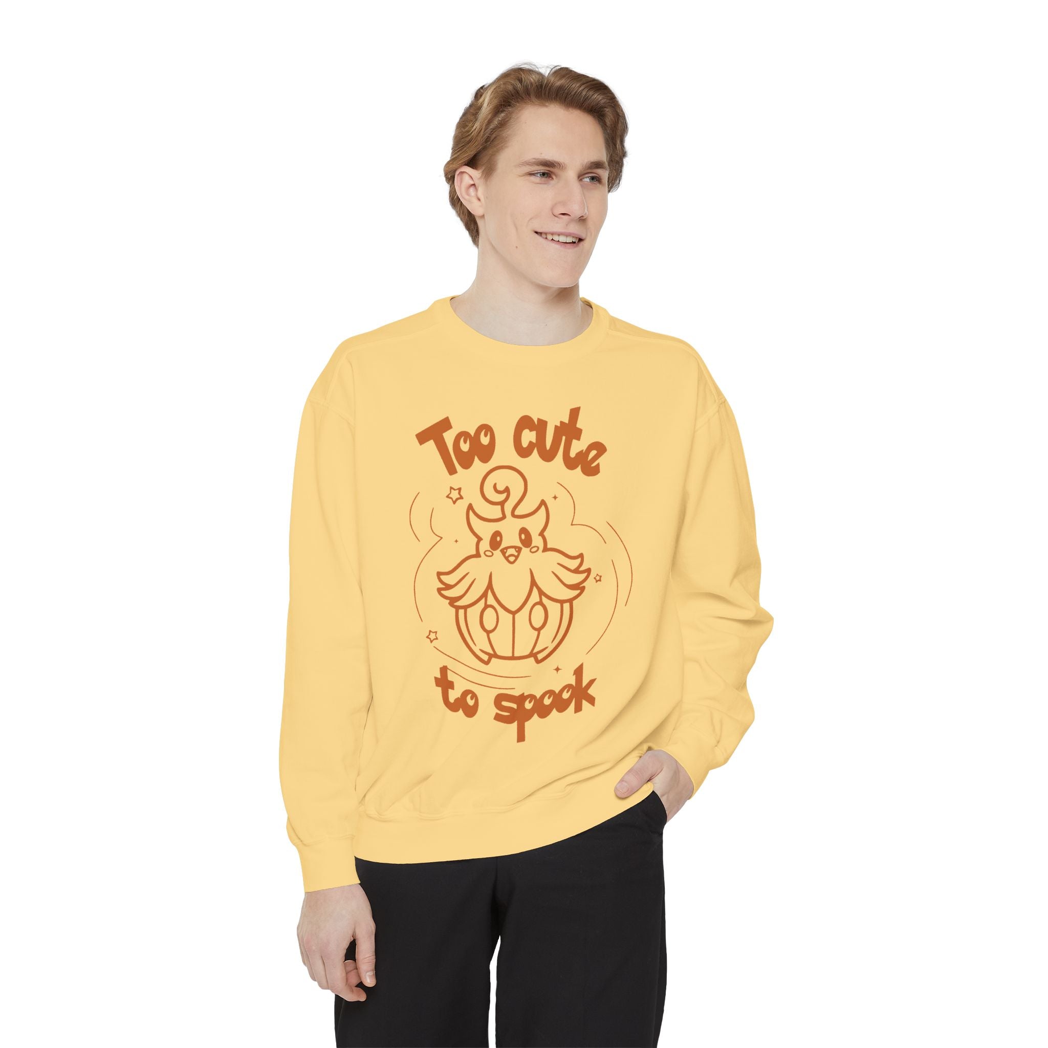 Too Cute to Spook Crewneck Sweatshirt | Comfy Halloween Theme Ghost Pumpkin Design