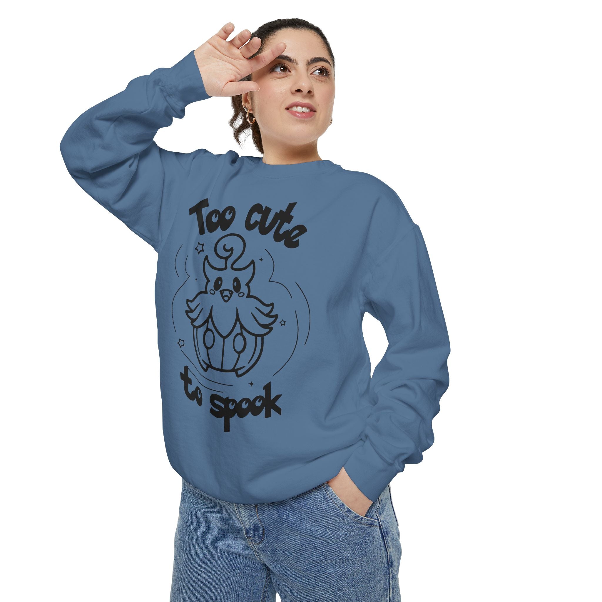 Too Cute to Spook Crewneck Sweatshirt | Comfy Halloween Theme Ghost Pumpkin Design