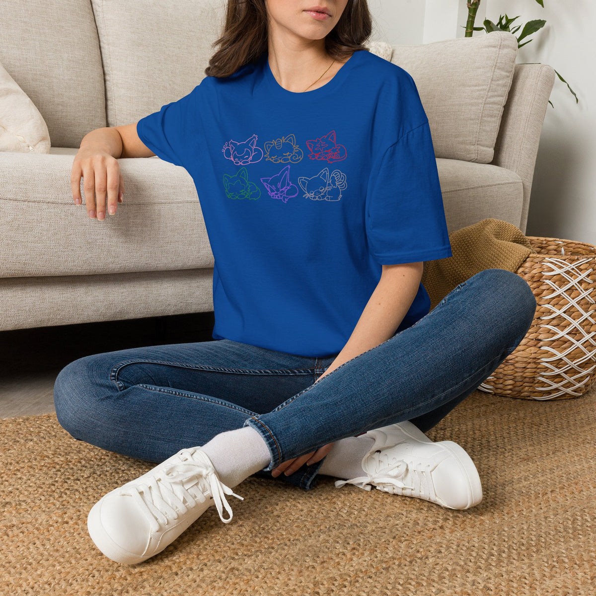 Sleeping Pokémon Cats Line Art T-Shirt | Pastel Rainbow Kitten Trio Anime Tee Shirt