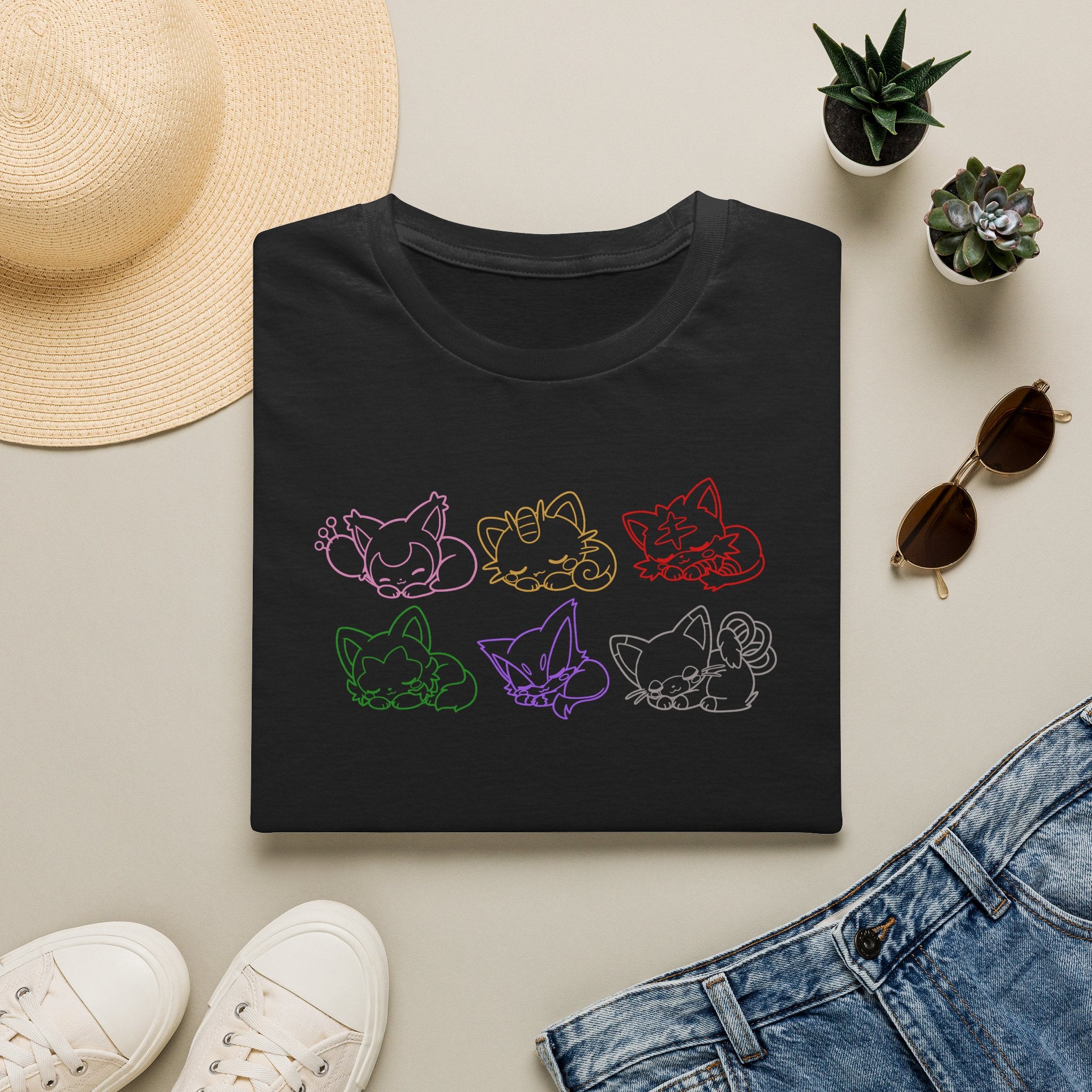 Sleeping Pokémon Cats Line Art T-Shirt | Pastel Rainbow Kitten Trio Anime Tee Shirt