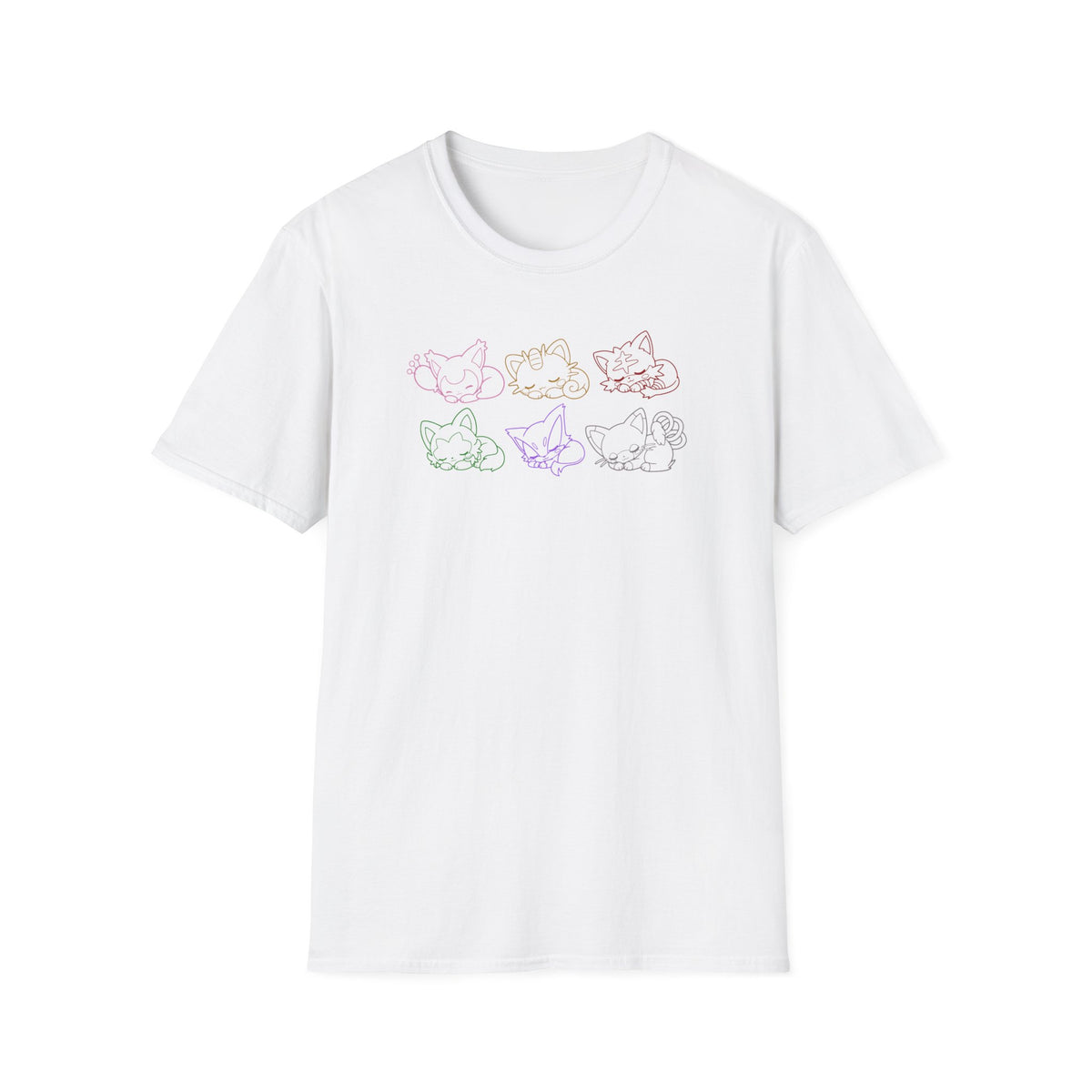 Sleeping Pokémon Cats Line Art T-Shirt | Pastel Rainbow Kitten Trio Anime Tee Shirt