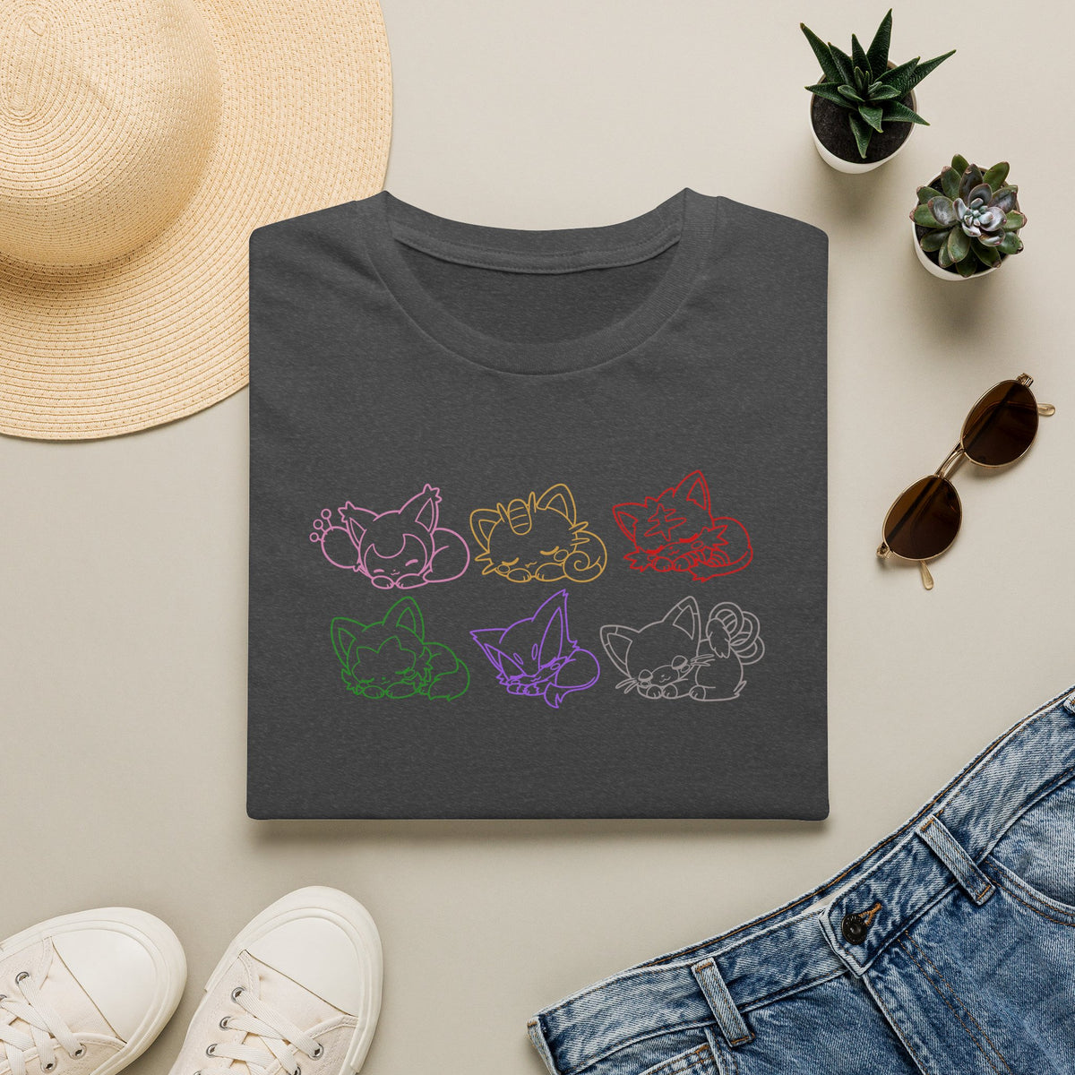 Sleeping Pokémon Cats Line Art T-Shirt | Pastel Rainbow Kitten Trio Anime Tee Shirt