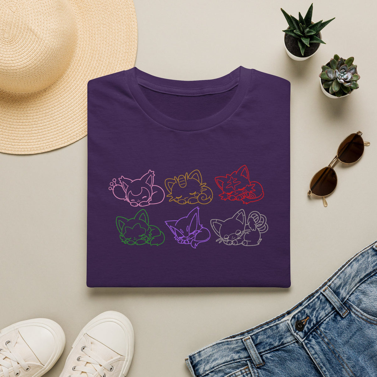 Sleeping Pokémon Cats Line Art T-Shirt | Pastel Rainbow Kitten Trio Anime Tee Shirt
