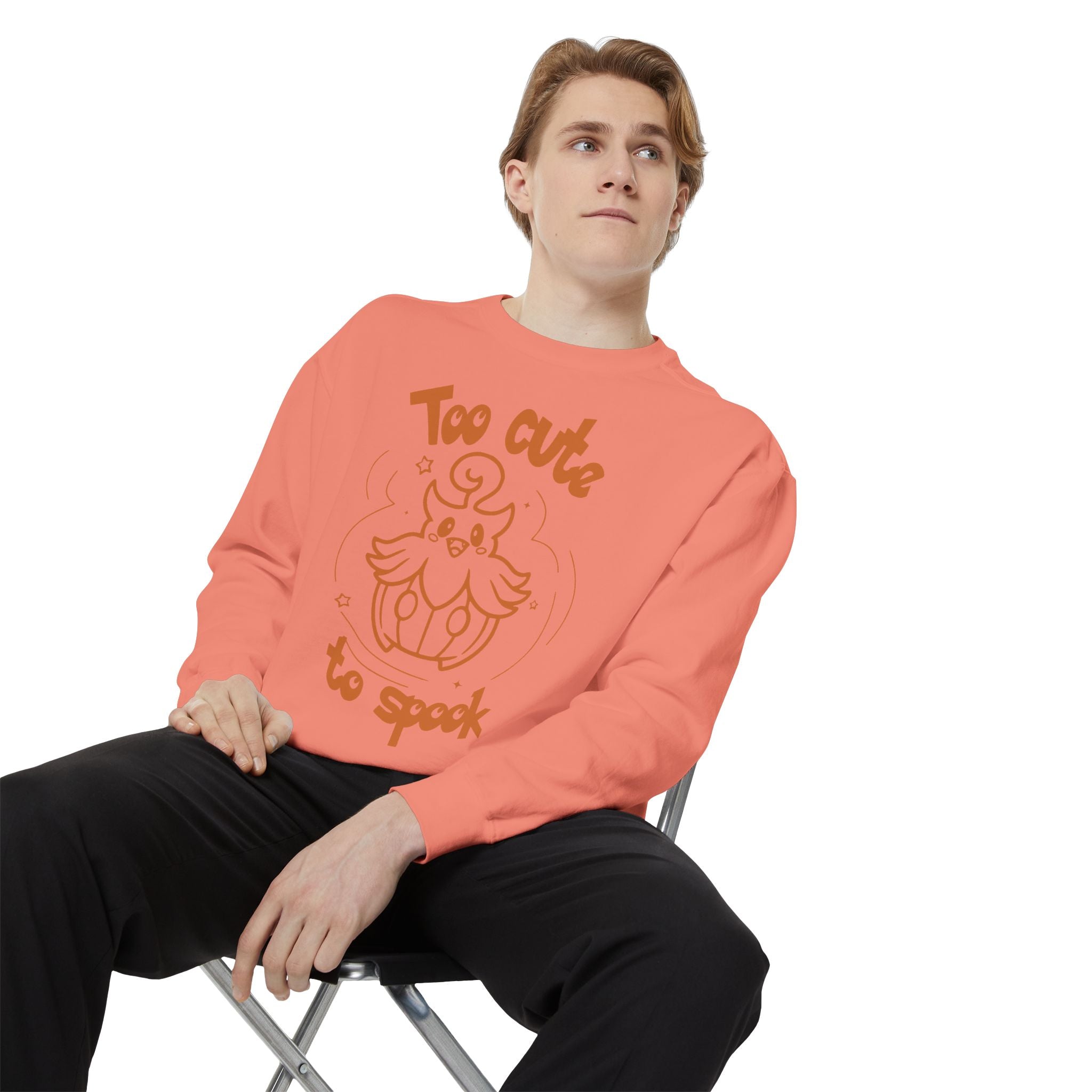 Too Cute to Spook Crewneck Sweatshirt | Comfy Halloween Theme Ghost Pumpkin Design