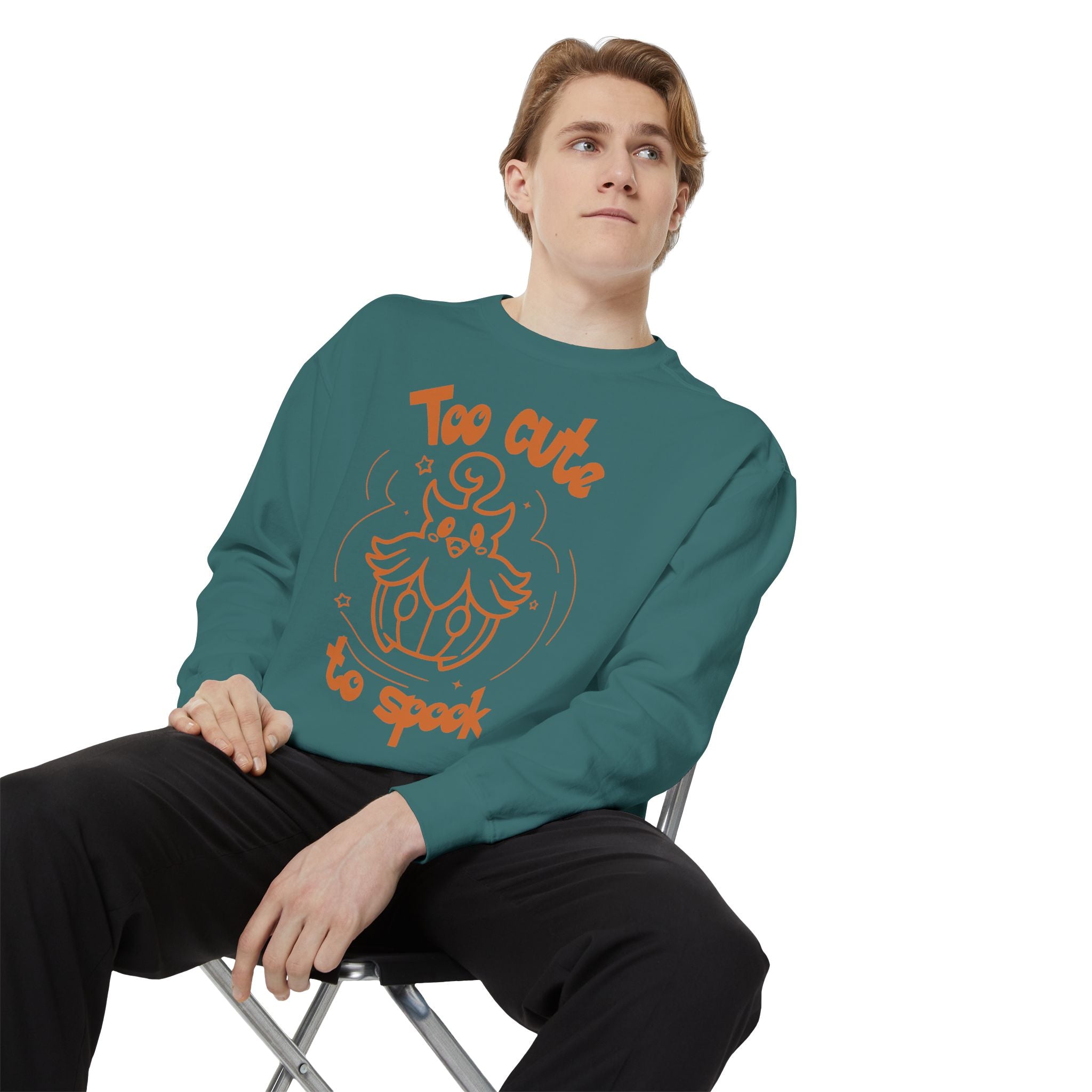 Too Cute to Spook Crewneck Sweatshirt | Comfy Halloween Theme Ghost Pumpkin Design