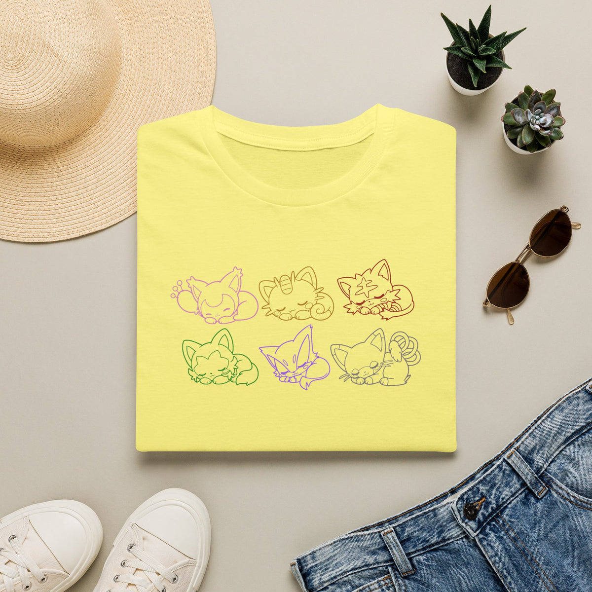 Sleeping Pokémon Cats Line Art T-Shirt | Pastel Rainbow Kitten Trio Anime Tee Shirt