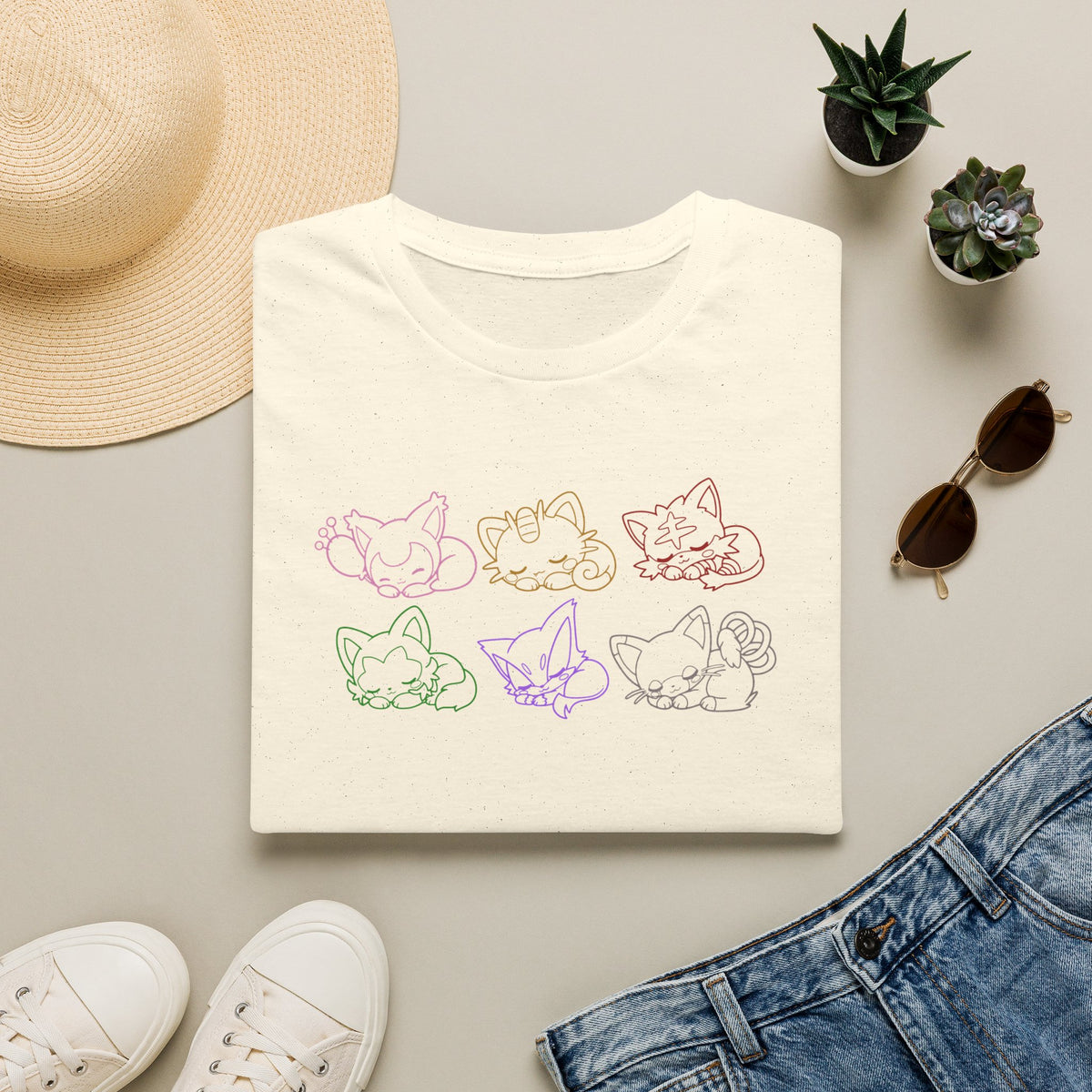 Sleeping Pokémon Cats Line Art T-Shirt | Pastel Rainbow Kitten Trio Anime Tee Shirt