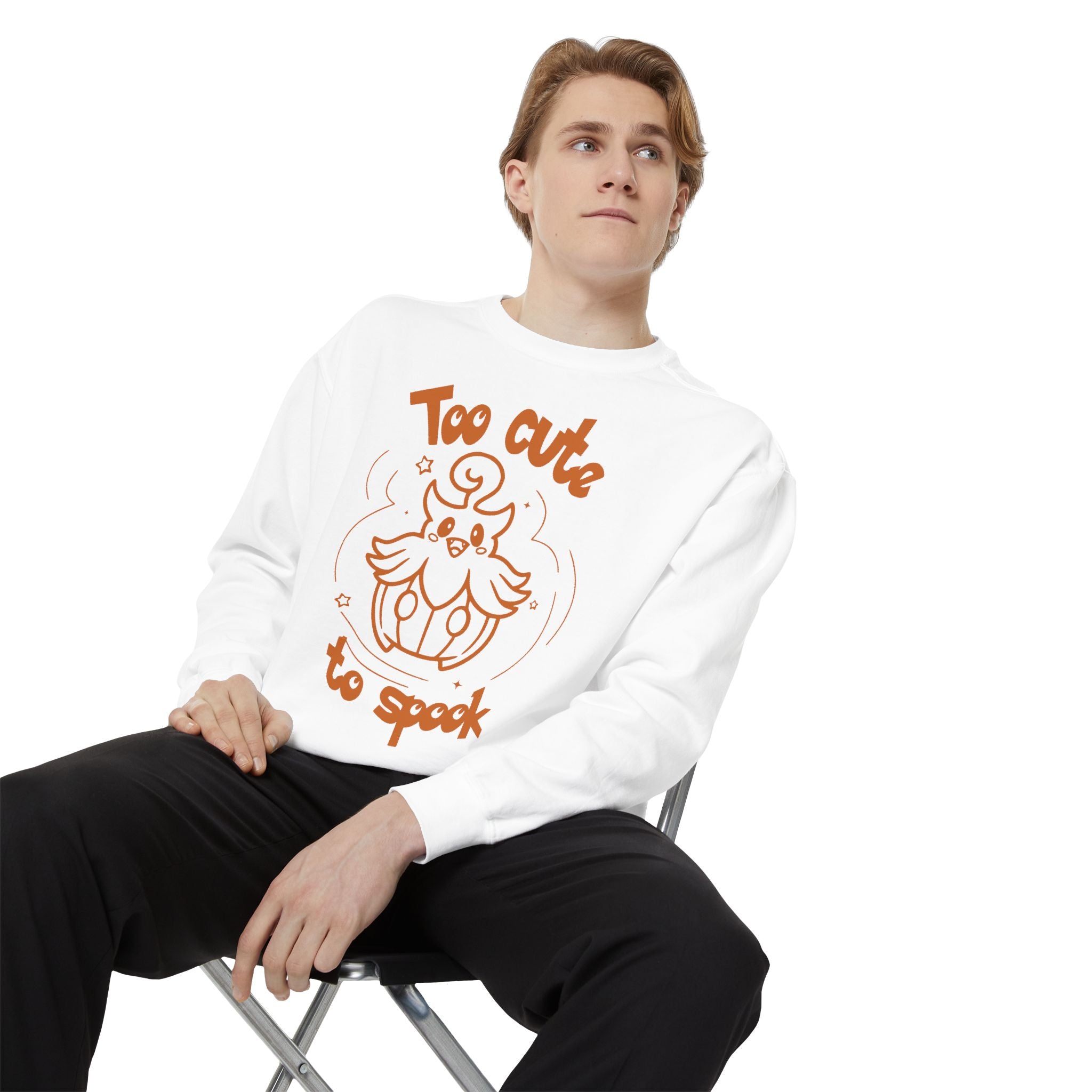 Too Cute to Spook Crewneck Sweatshirt | Comfy Halloween Theme Ghost Pumpkin Design