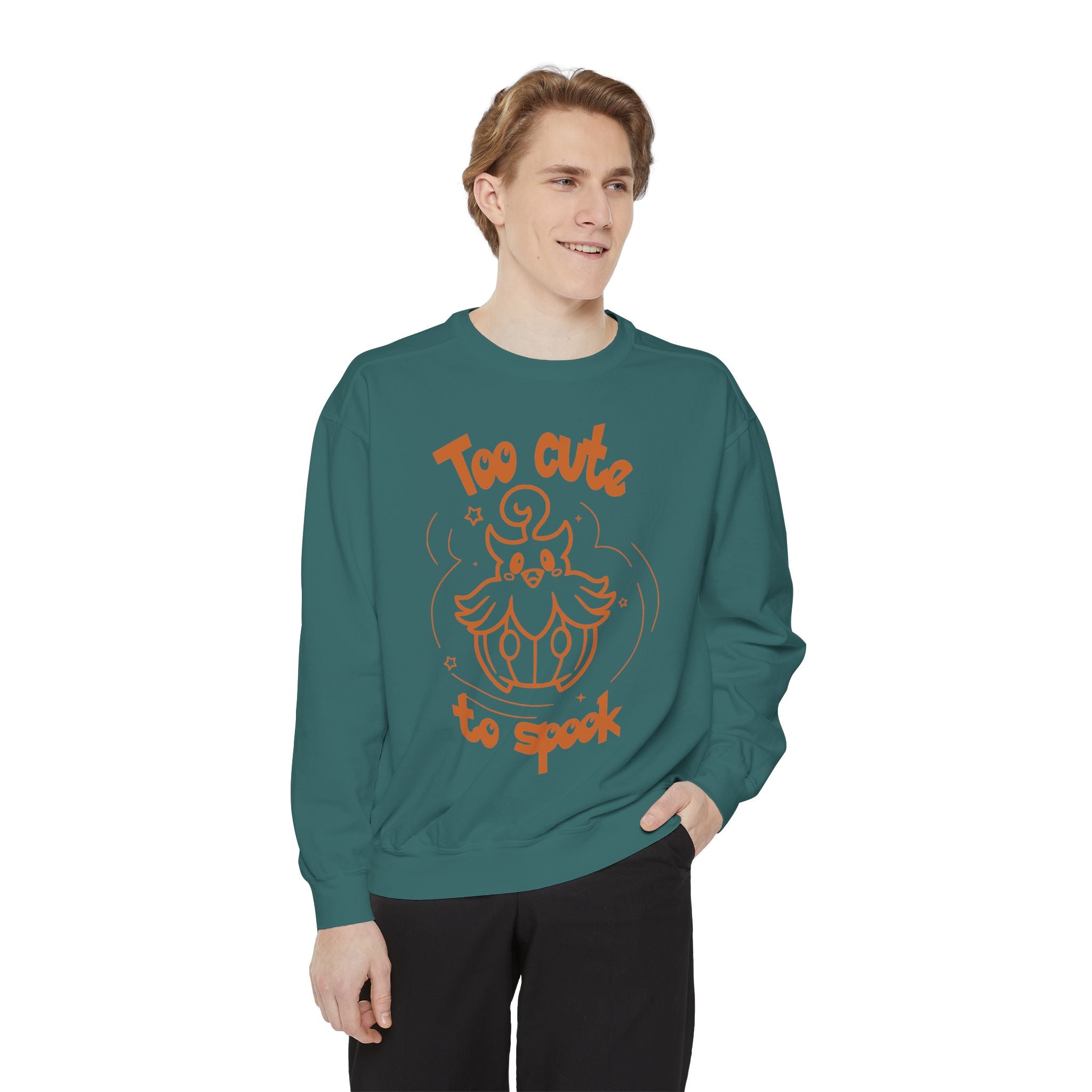 Too Cute to Spook Crewneck Sweatshirt | Comfy Halloween Theme Ghost Pumpkin Design