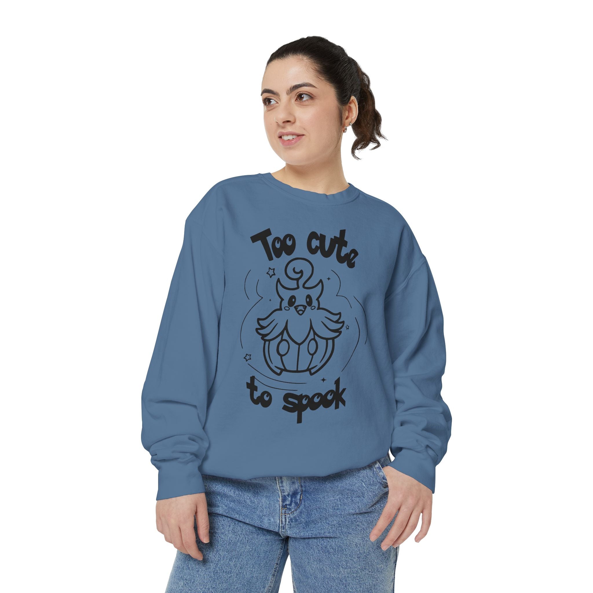 Too Cute to Spook Crewneck Sweatshirt | Comfy Halloween Theme Ghost Pumpkin Design