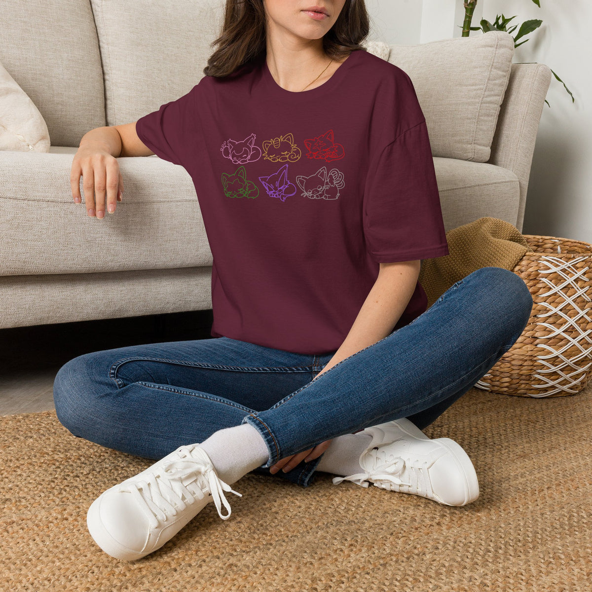 Sleeping Pokémon Cats Line Art T-Shirt | Pastel Rainbow Kitten Trio Anime Tee Shirt