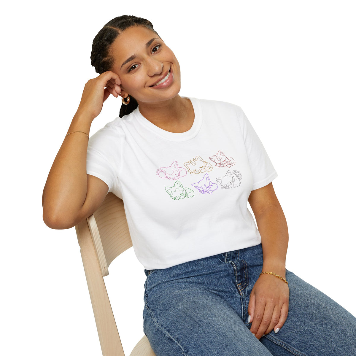 Sleeping Pokémon Cats Line Art T-Shirt | Pastel Rainbow Kitten Trio Anime Tee Shirt