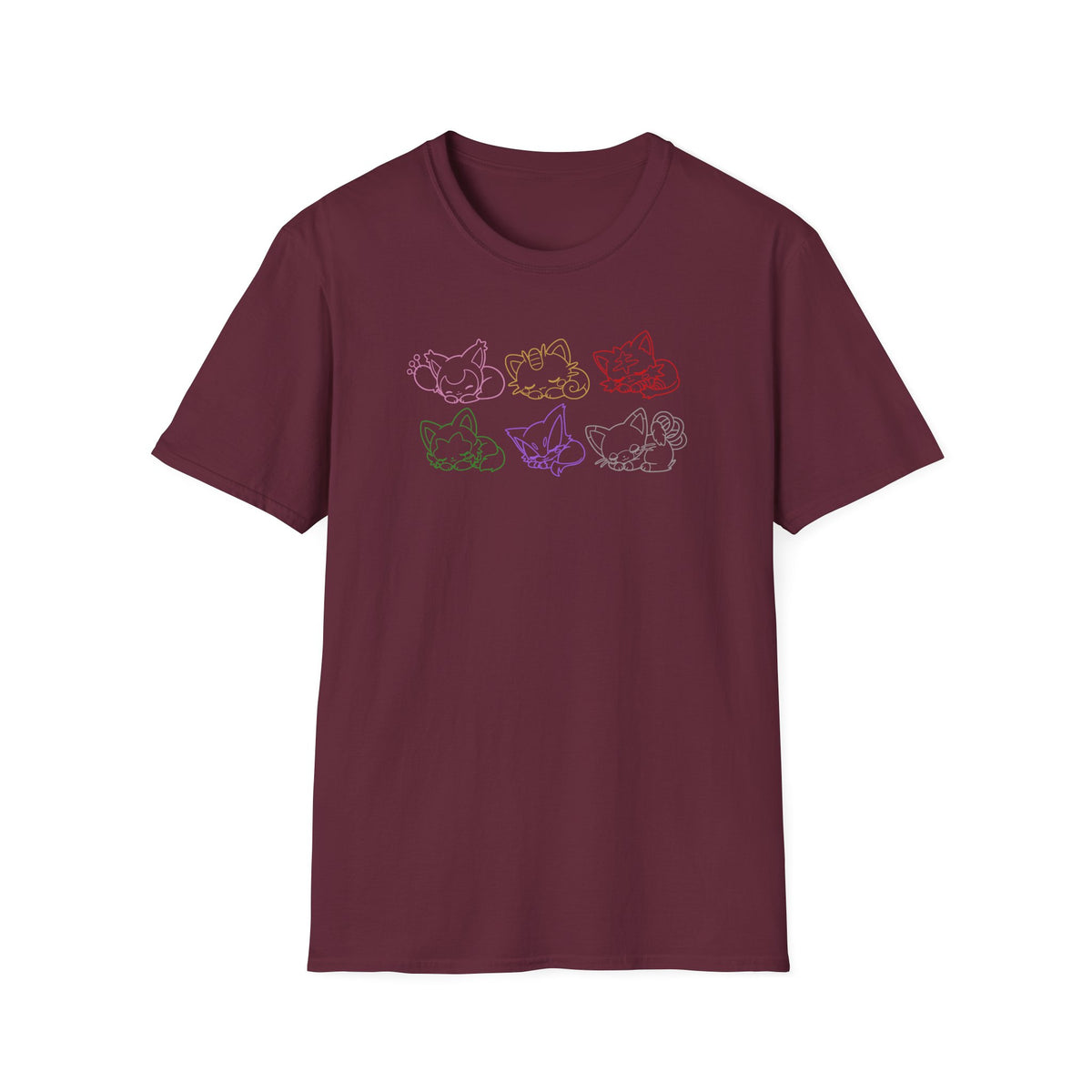 Sleeping Pokémon Cats Line Art T-Shirt | Pastel Rainbow Kitten Trio Anime Tee Shirt