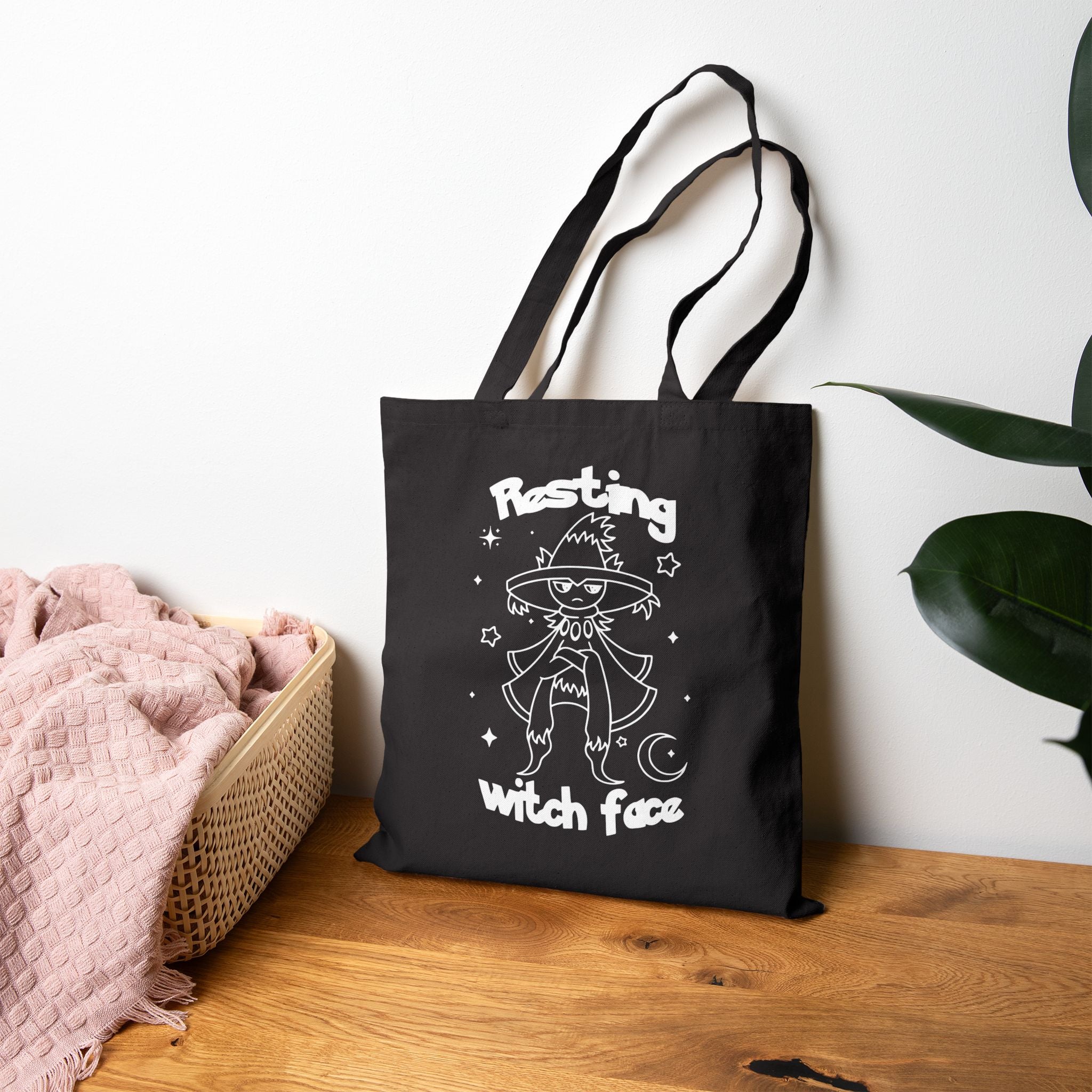 Resting Witch Face Halloween Tote Bag | Cute Kawaii Shopping Geek Bag | Candy Trick or Treat Black Bag | Cozy Gamer Gift for Women