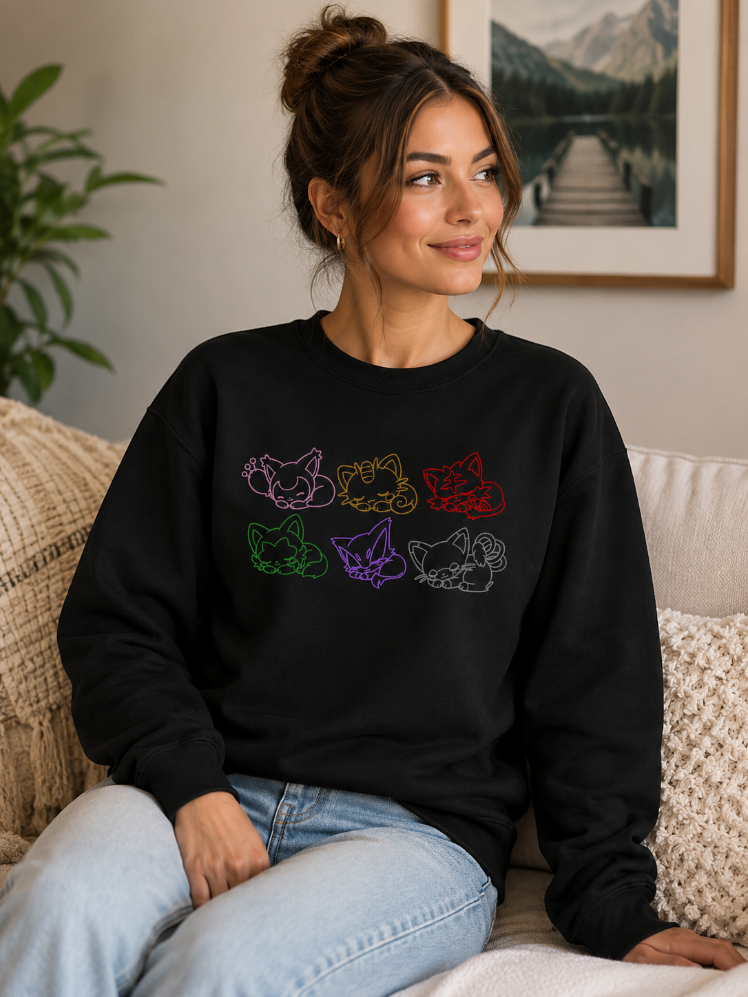 Sleeping Pkm Kittens Line Art long sleeve Shirt | pastel rainbow cat sketches Sweatshirt