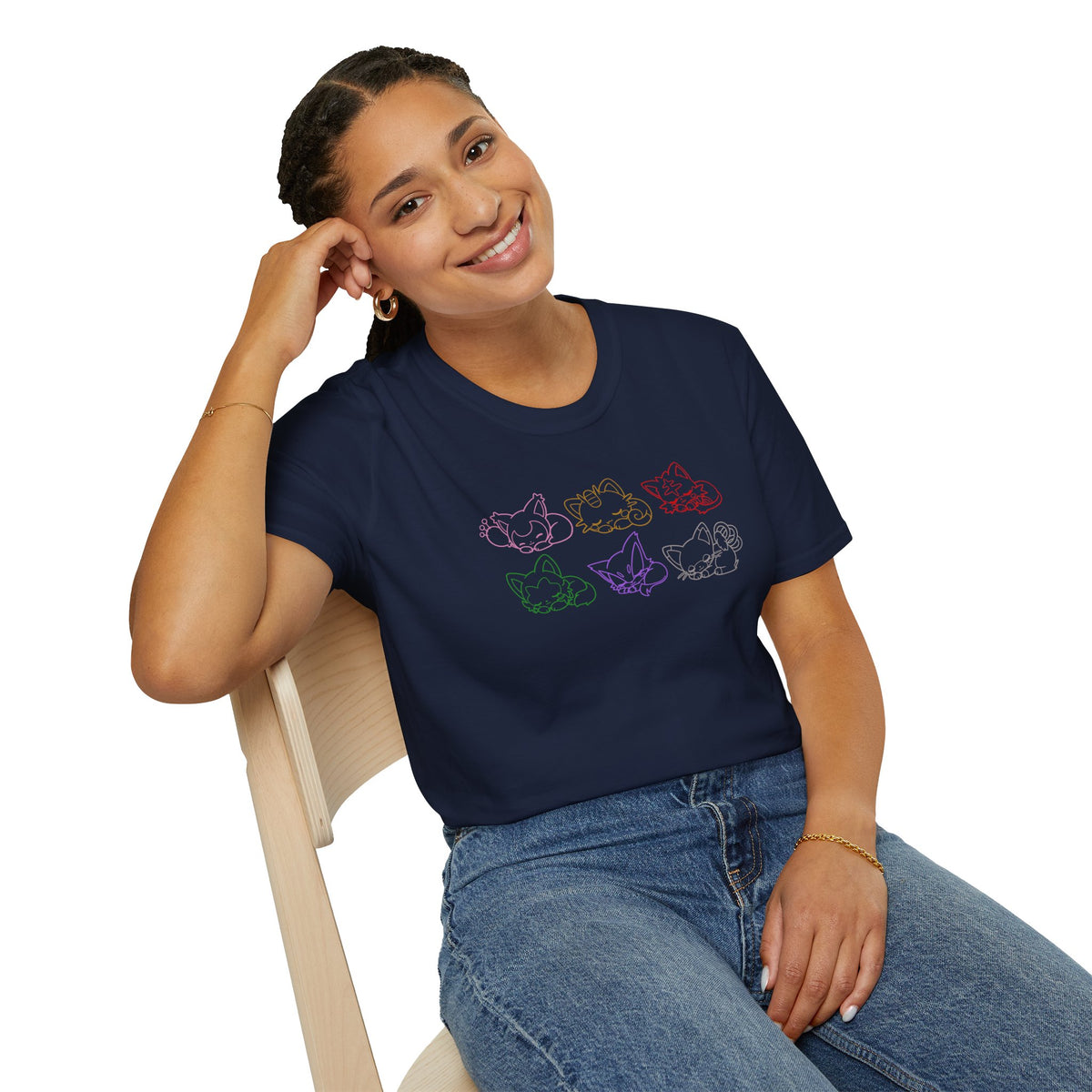 Sleeping Pokémon Cats Line Art T-Shirt | Pastel Rainbow Kitten Trio Anime Tee Shirt