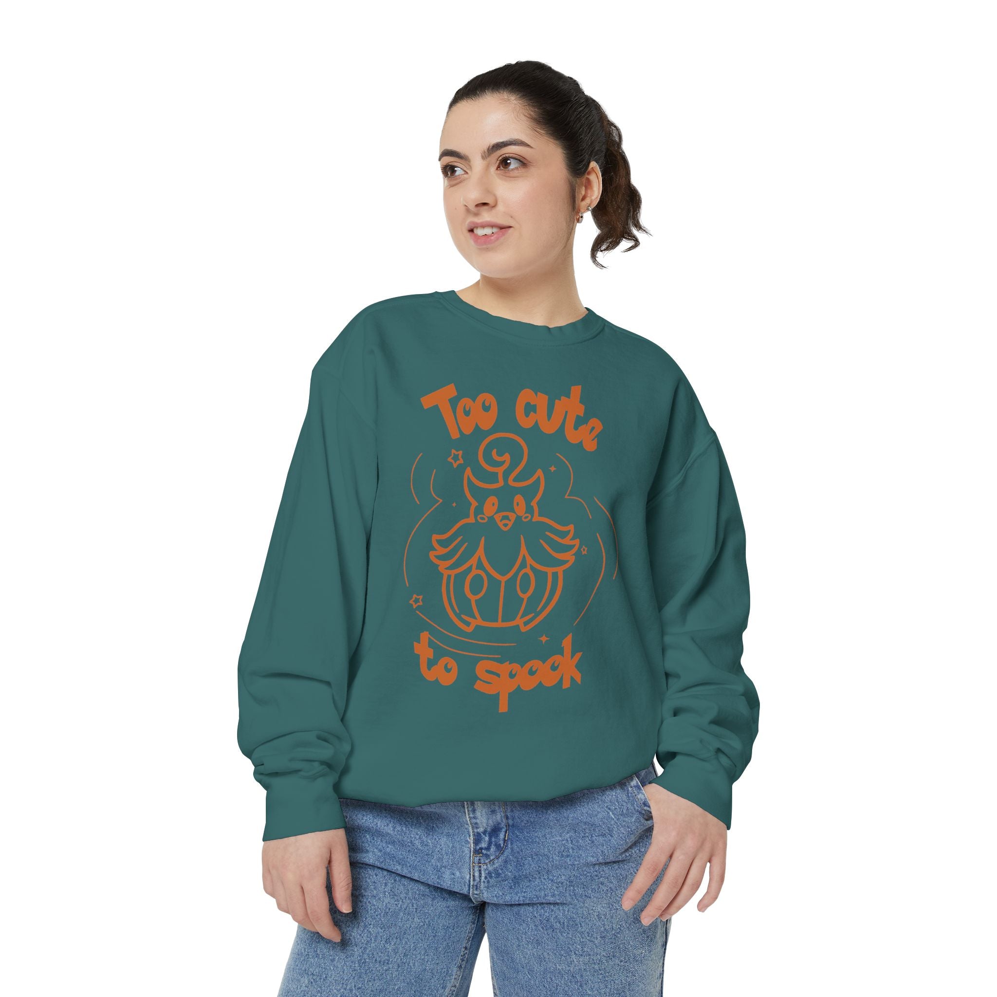 Too Cute to Spook Crewneck Sweatshirt | Comfy Halloween Theme Ghost Pumpkin Design