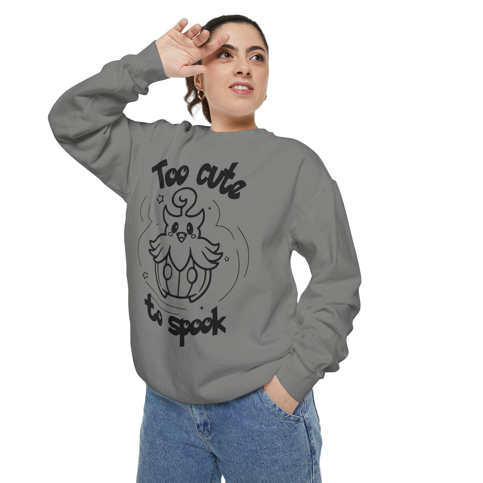 Too Cute to Spook Crewneck Sweatshirt | Comfy Halloween Theme Ghost Pumpkin Design
