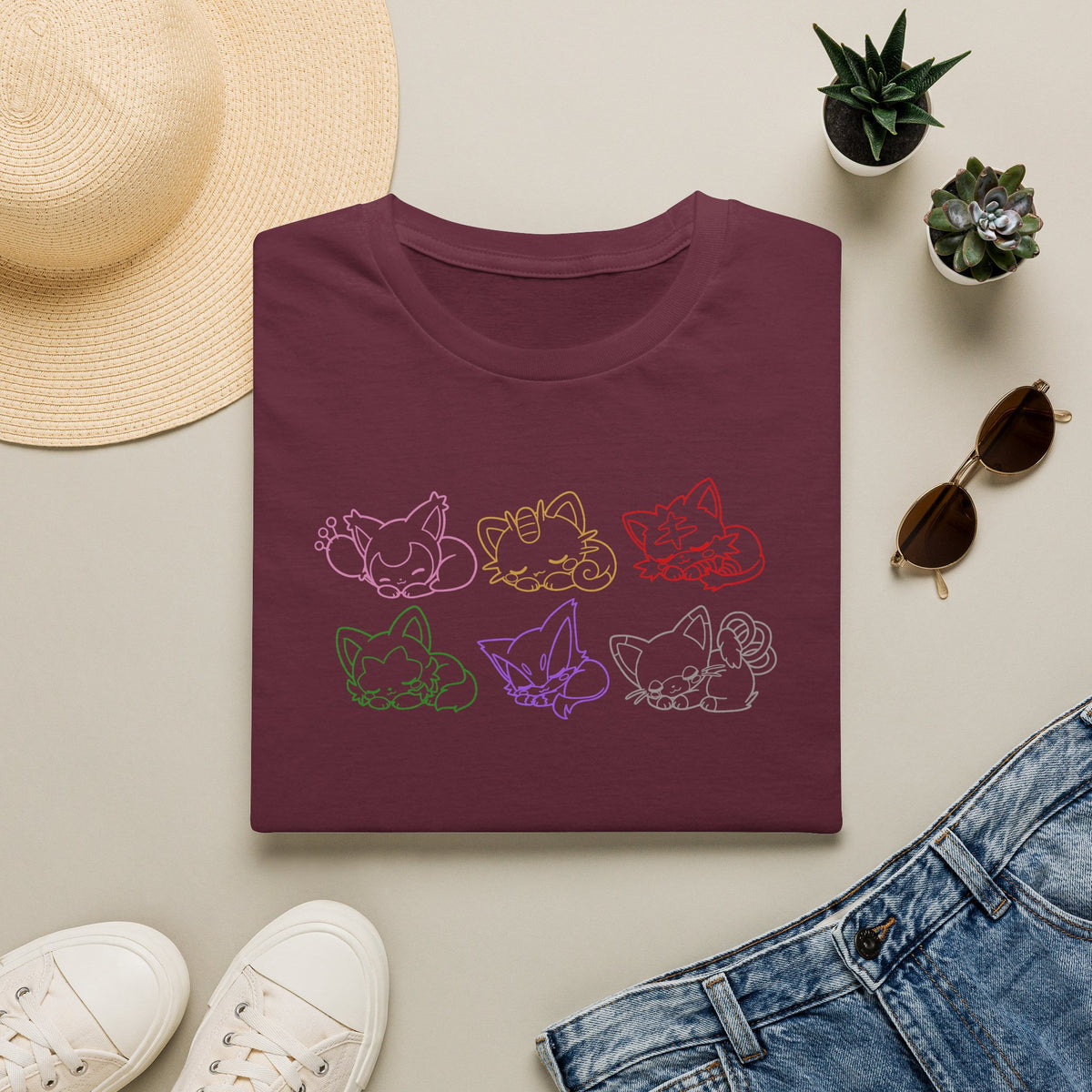 Sleeping Pokémon Cats Line Art T-Shirt | Pastel Rainbow Kitten Trio Anime Tee Shirt