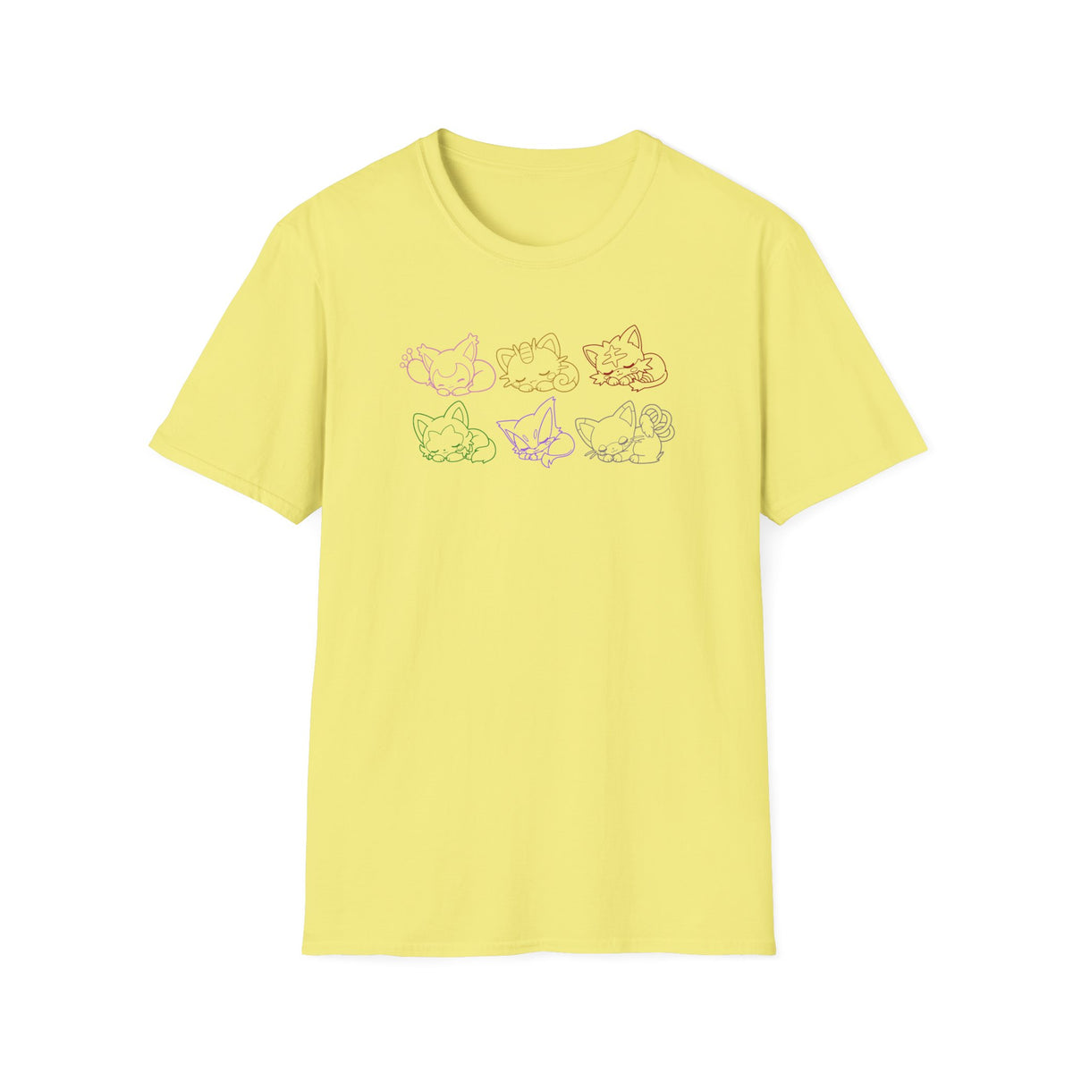 Sleeping Pokémon Cats Line Art T-Shirt | Pastel Rainbow Kitten Trio Anime Tee Shirt