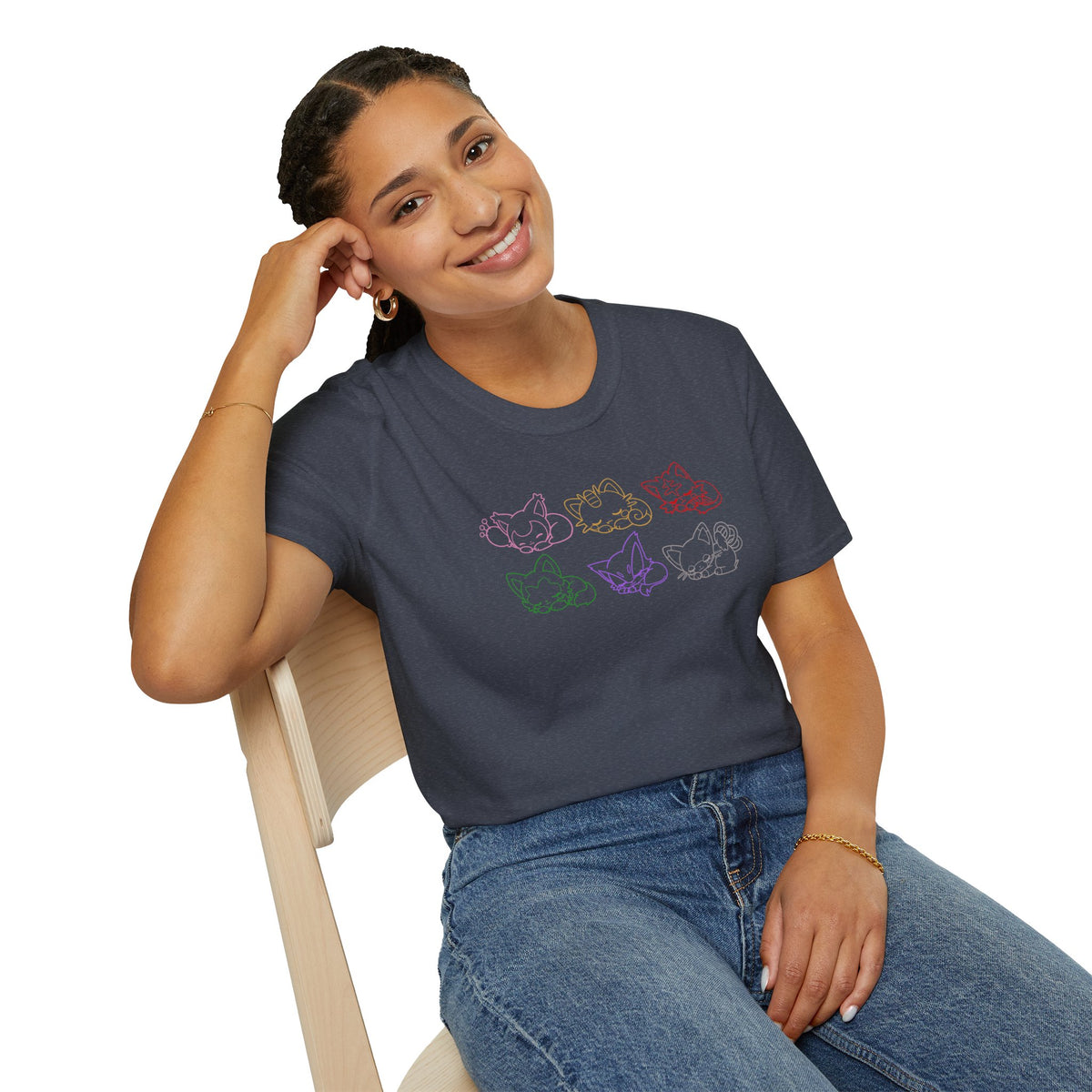 Sleeping Pokémon Cats Line Art T-Shirt | Pastel Rainbow Kitten Trio Anime Tee Shirt