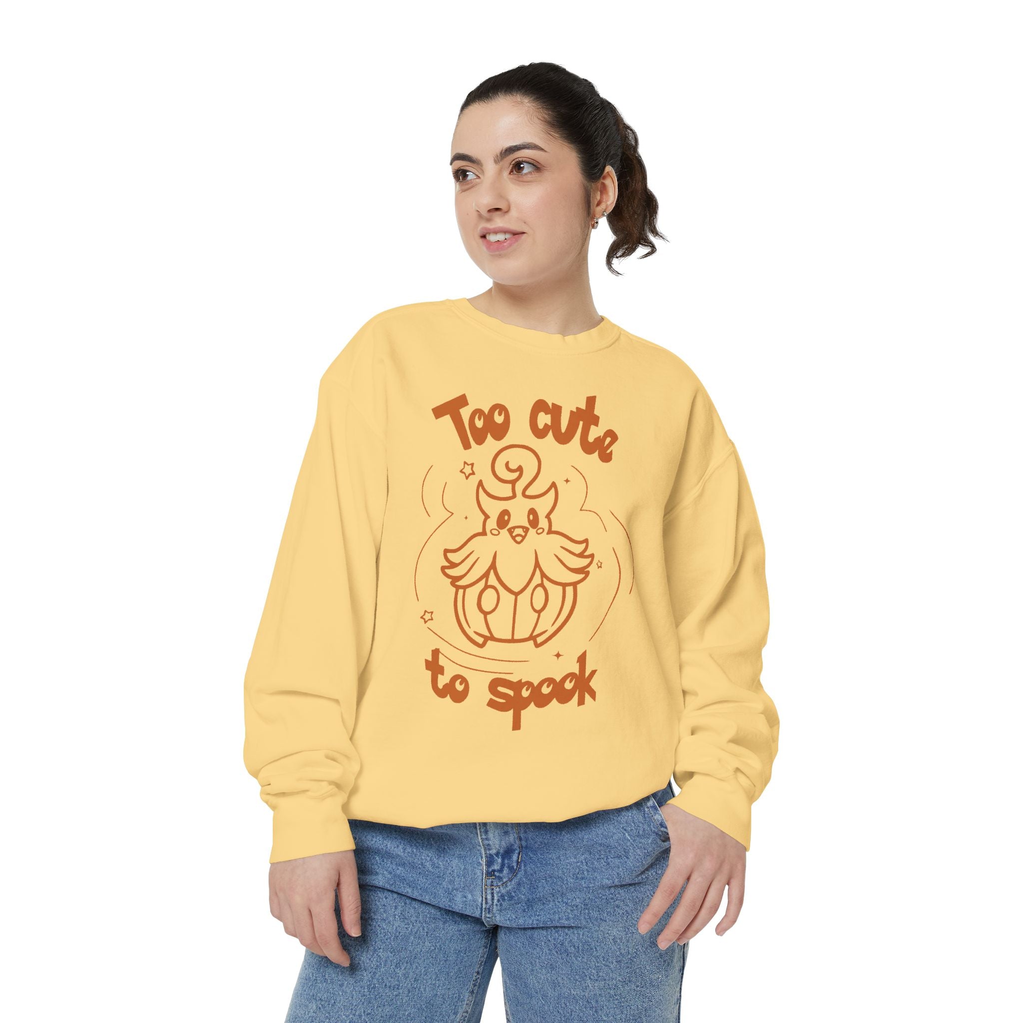 Too Cute to Spook Crewneck Sweatshirt | Comfy Halloween Theme Ghost Pumpkin Design