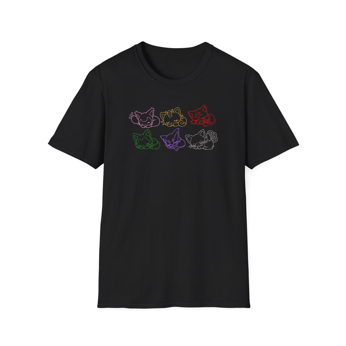 Sleeping Pokémon Cats Line Art T-Shirt | Pastel Rainbow Kitten Trio Anime Tee Shirt
