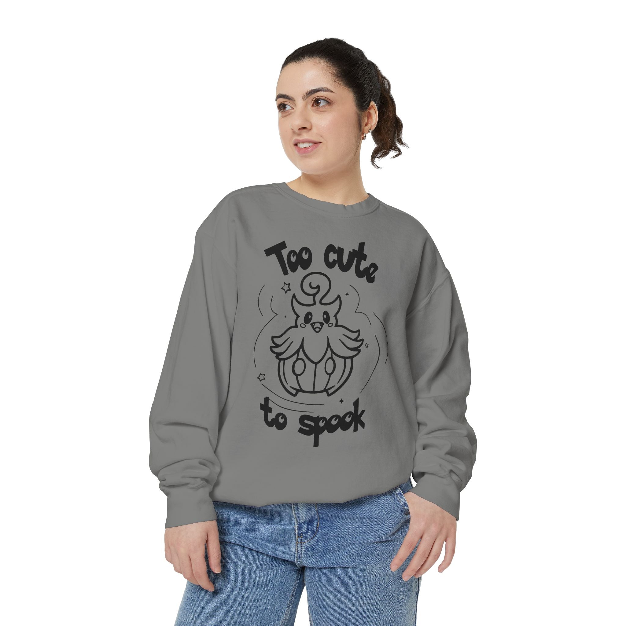 Too Cute to Spook Crewneck Sweatshirt | Comfy Halloween Theme Ghost Pumpkin Design