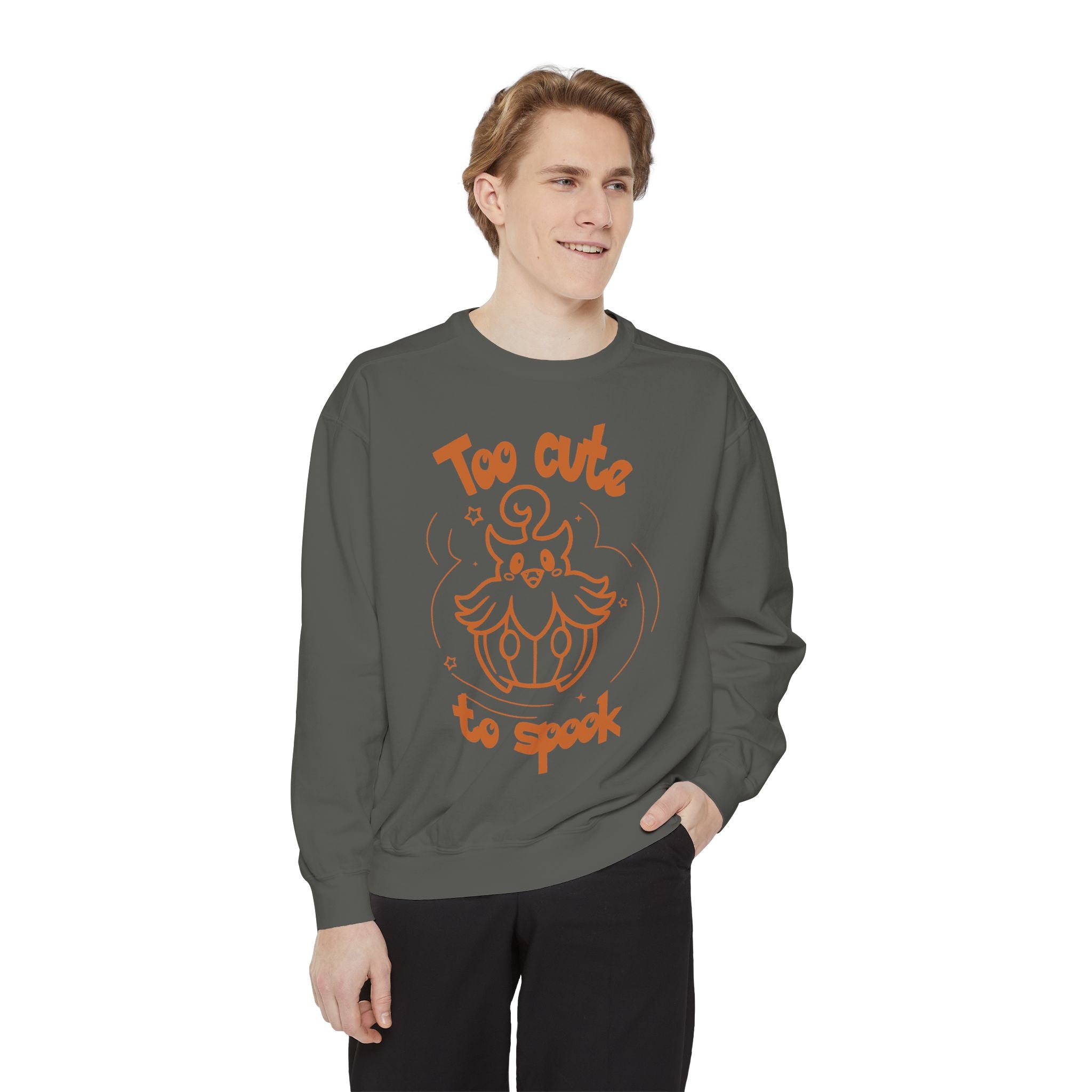 Too Cute to Spook Crewneck Sweatshirt | Comfy Halloween Theme Ghost Pumpkin Design