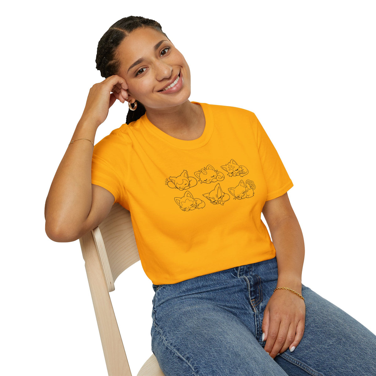 Sleeping Pokémon Cats Line Art T-Shirt | Pastel Rainbow Kitten Trio Anime Tee Shirt