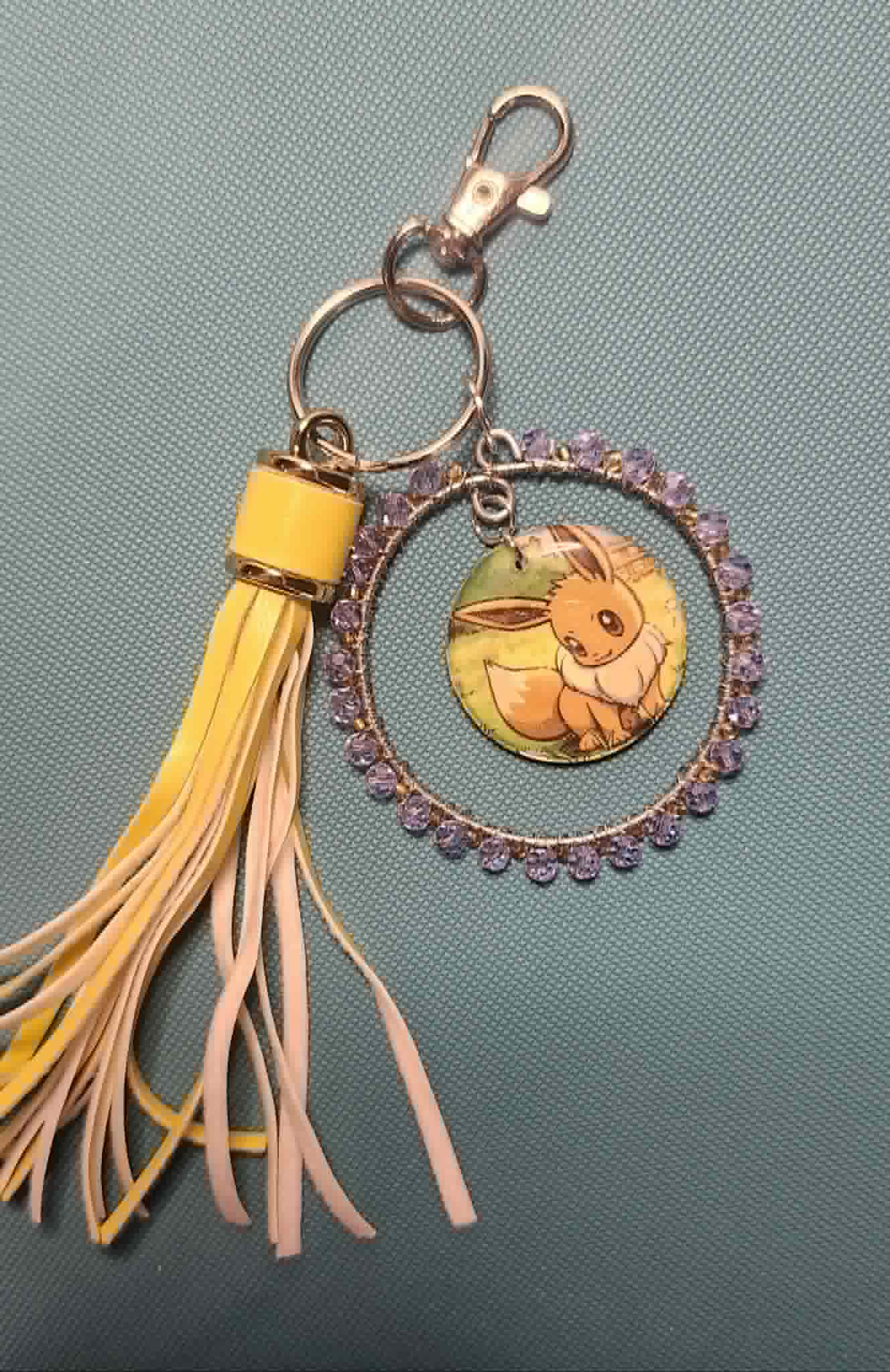 Handmade Eevee Keychain | Pokémon Bag Charm | Cute Kawaii Anime Keyring | Purple Beaded Charm with Tassel | Geek Gift for Women