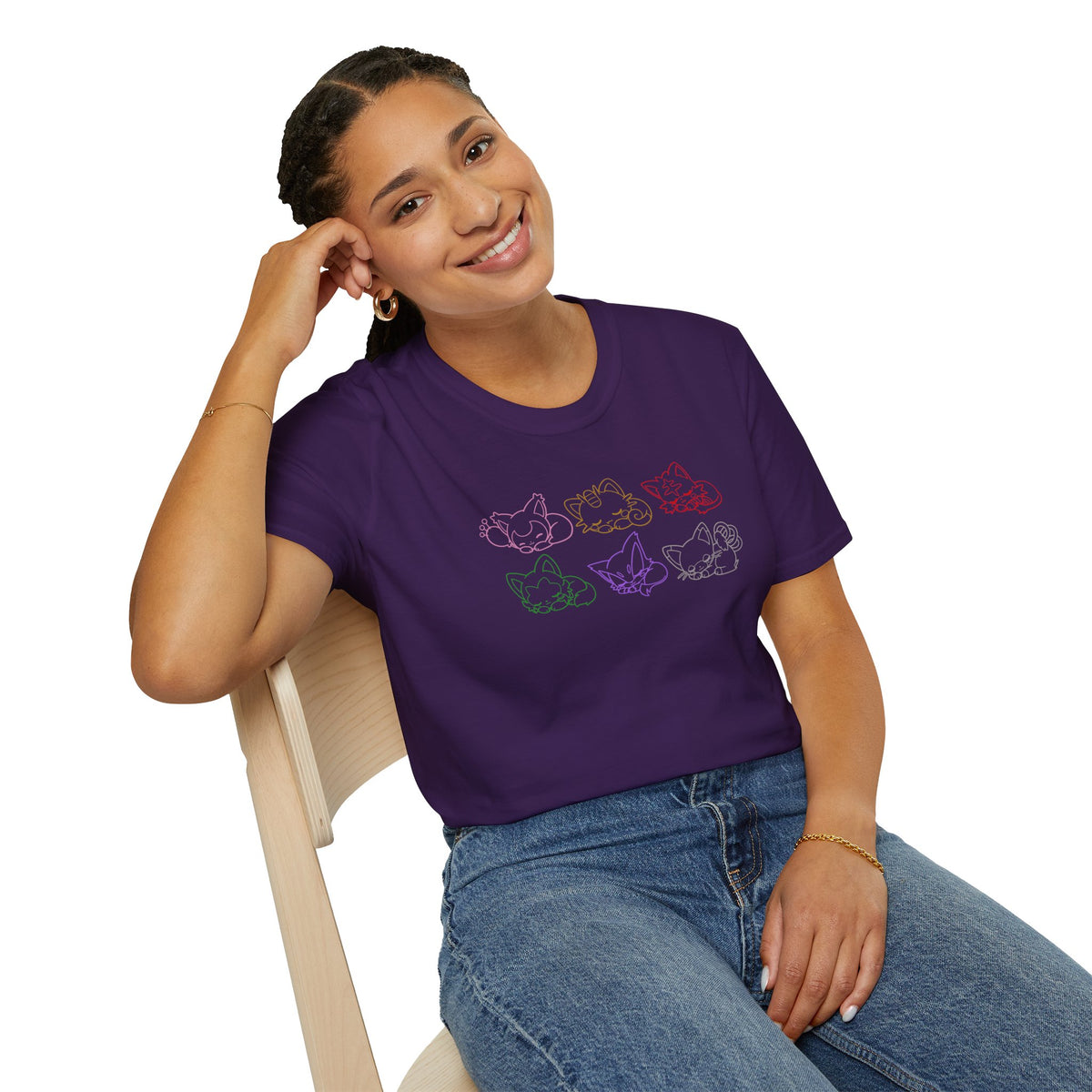 Sleeping Pokémon Cats Line Art T-Shirt | Pastel Rainbow Kitten Trio Anime Tee Shirt