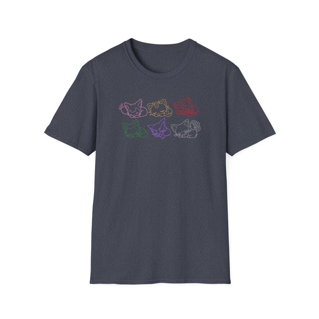Kawaii Sleeping Cats Pkm Line Art T-Shirt | Pastel Rainbow Kitten Trio Anime Tee Shirt