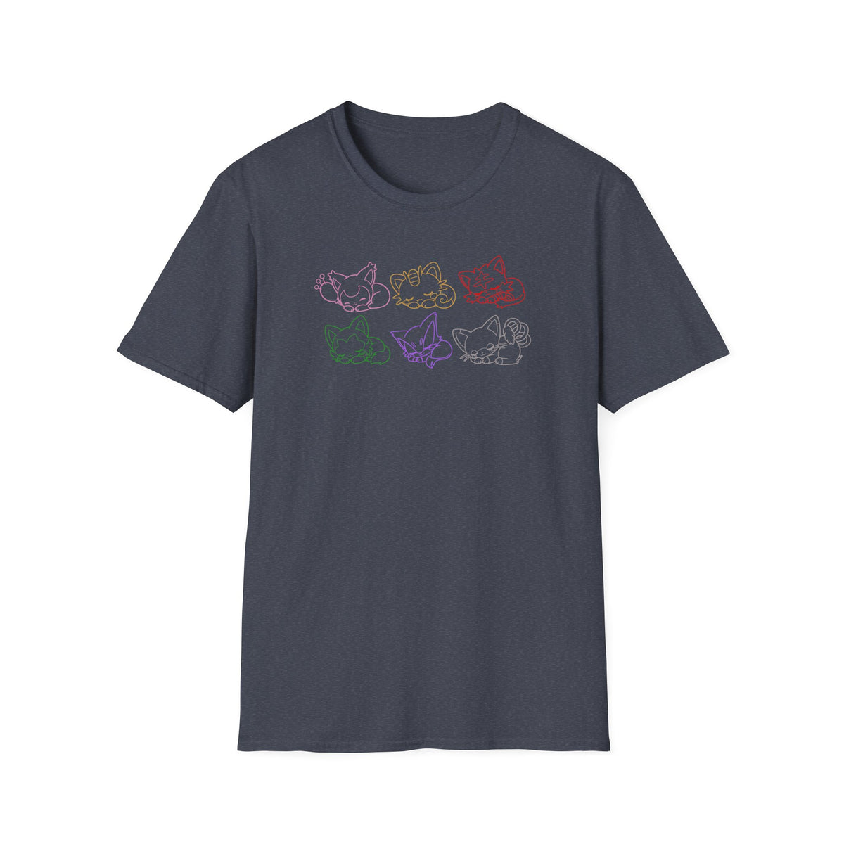 Sleeping Pokémon Cats Line Art T-Shirt | Pastel Rainbow Kitten Trio Anime Tee Shirt