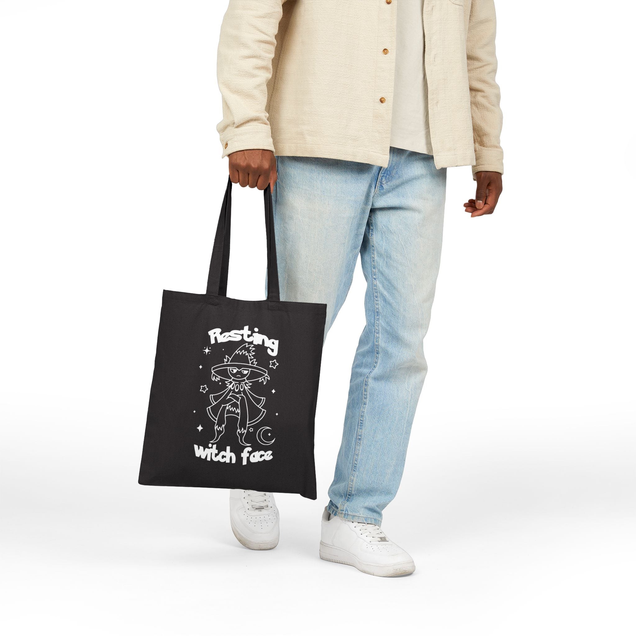 Resting Witch Face Halloween Tote Bag | Cute Kawaii Shopping Geek Bag | Candy Trick or Treat Black Bag | Cozy Gamer Gift for Women