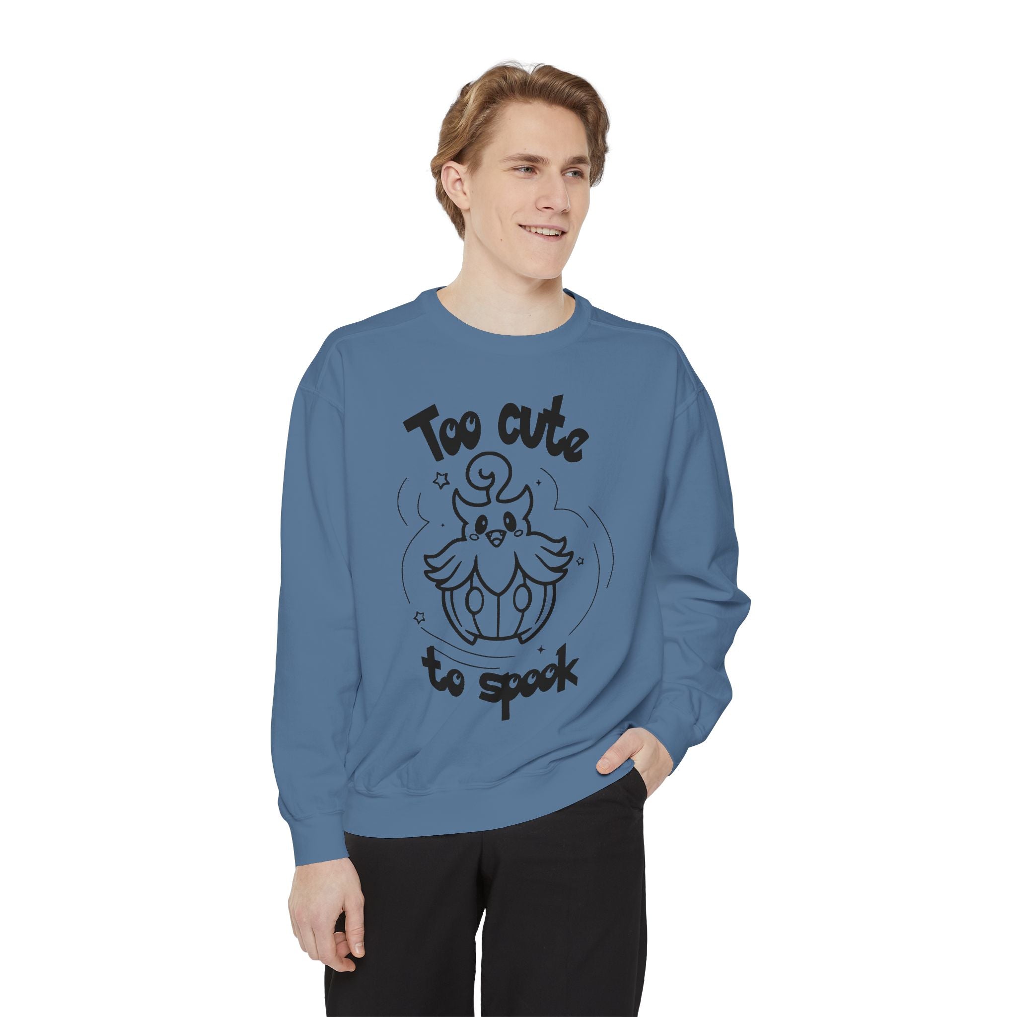 Too Cute to Spook Crewneck Sweatshirt | Comfy Halloween Theme Ghost Pumpkin Design