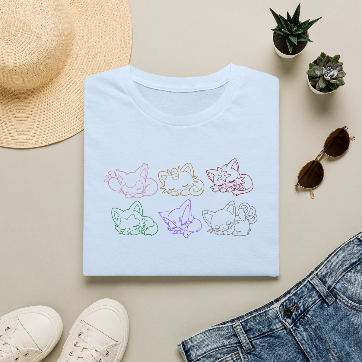 Sleeping Pokémon Cats Line Art T-Shirt | Pastel Rainbow Kitten Trio Anime Tee Shirt