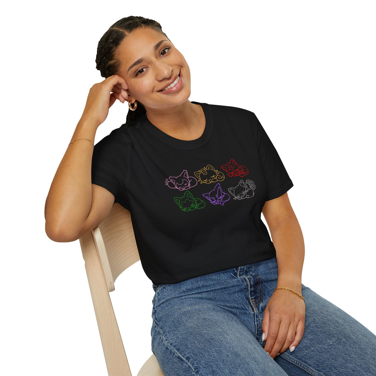 Sleeping Pokémon Cats Line Art T-Shirt | Pastel Rainbow Kitten Trio Anime Tee Shirt
