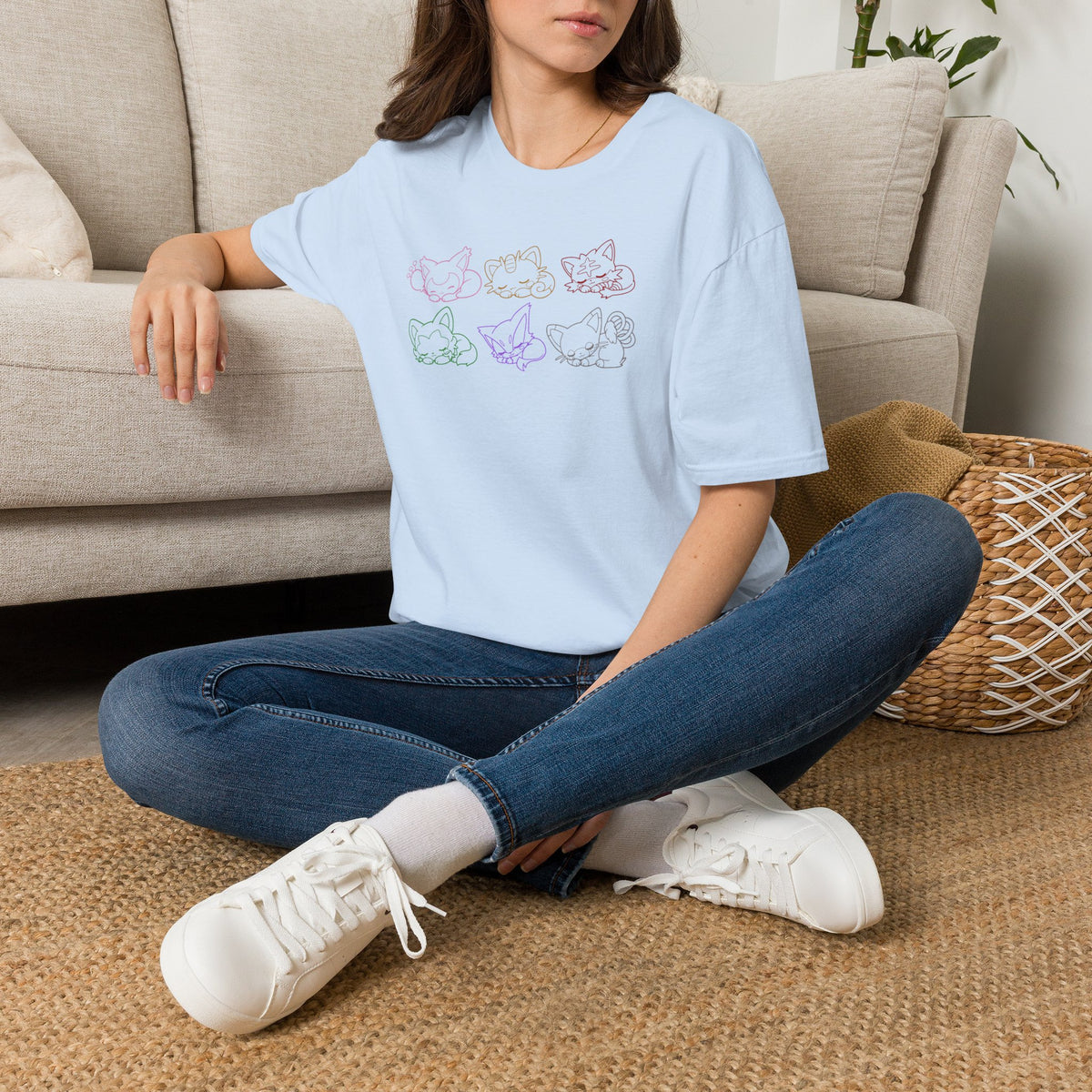 Sleeping Pokémon Cats Line Art T-Shirt | Pastel Rainbow Kitten Trio Anime Tee Shirt