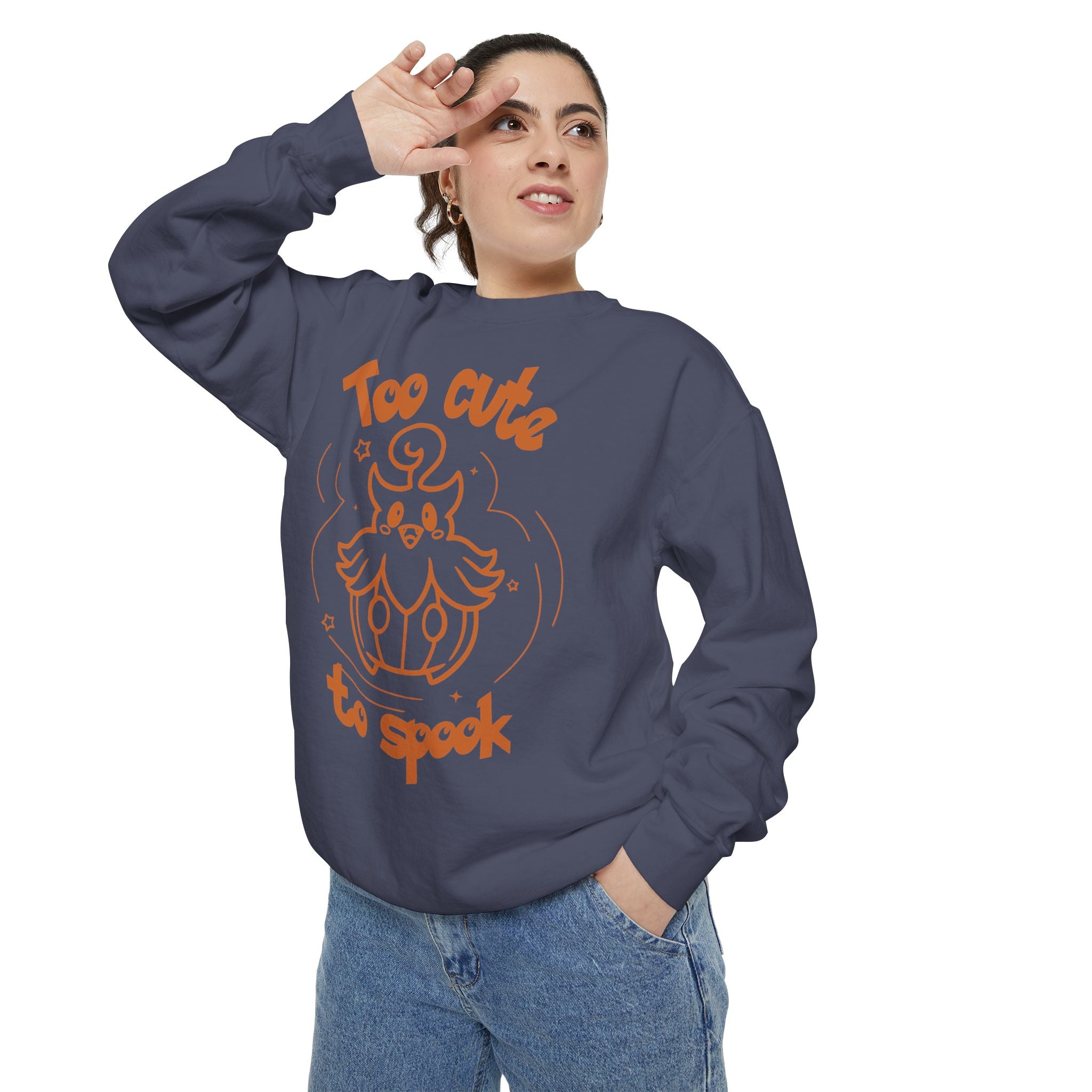 Too Cute to Spook Crewneck Sweatshirt | Comfy Halloween Theme Ghost Pumpkin Design