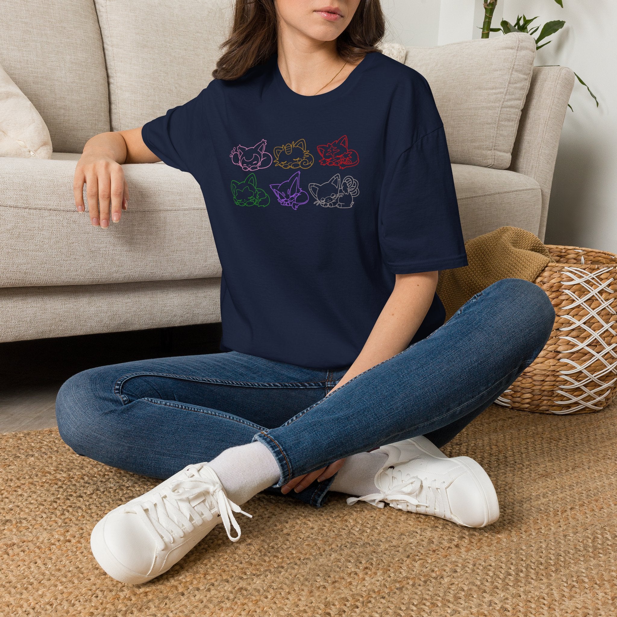Kawaii Sleeping Cats Pkm Line Art T-Shirt | Pastel Rainbow Kitten Trio Anime Tee Shirt