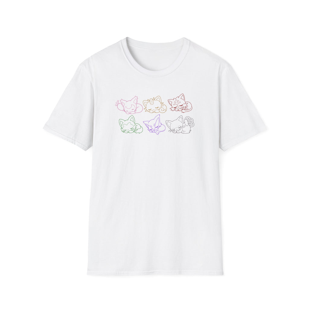Kawaii Sleeping Cats Pkm Line Art T-Shirt | Pastel Rainbow Kitten Trio Anime Tee Shirt