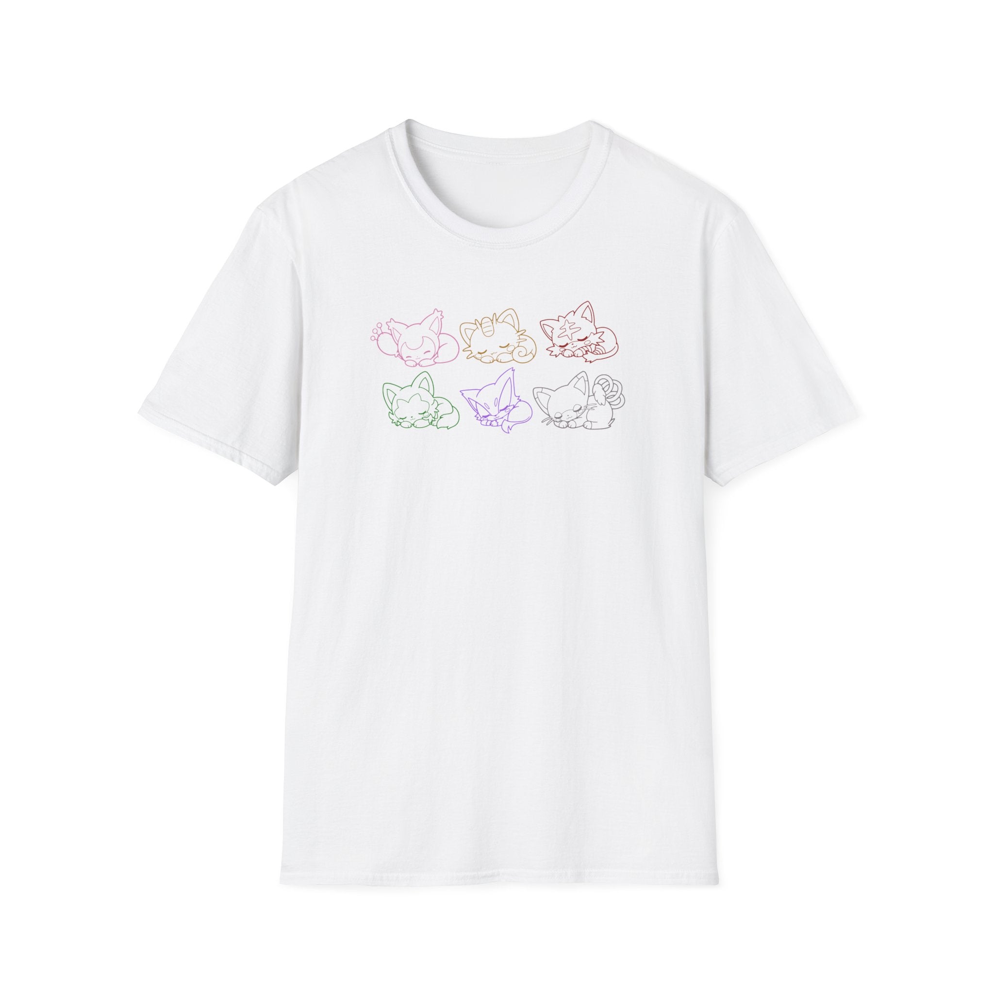 Kawaii Sleeping Cats Pkm Line Art T-Shirt | Pastel Rainbow Kitten Trio Anime Tee Shirt