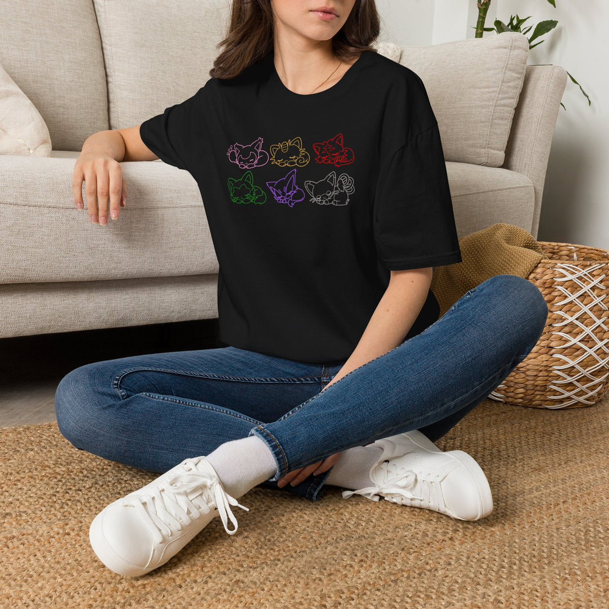 Sleeping Pokémon Cats Line Art T-Shirt | Pastel Rainbow Kitten Trio Anime Tee Shirt