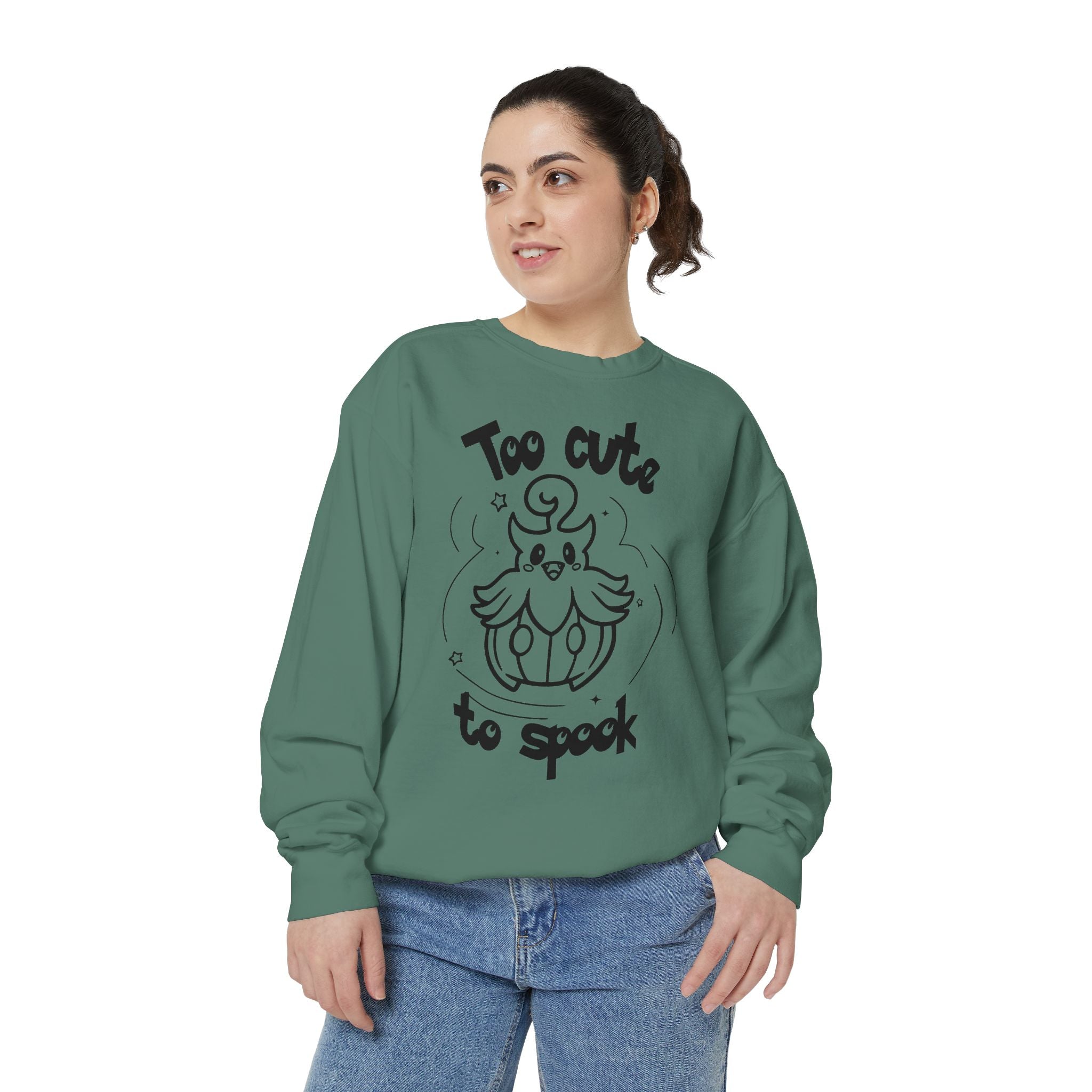 Too Cute to Spook Crewneck Sweatshirt | Comfy Halloween Theme Ghost Pumpkin Design