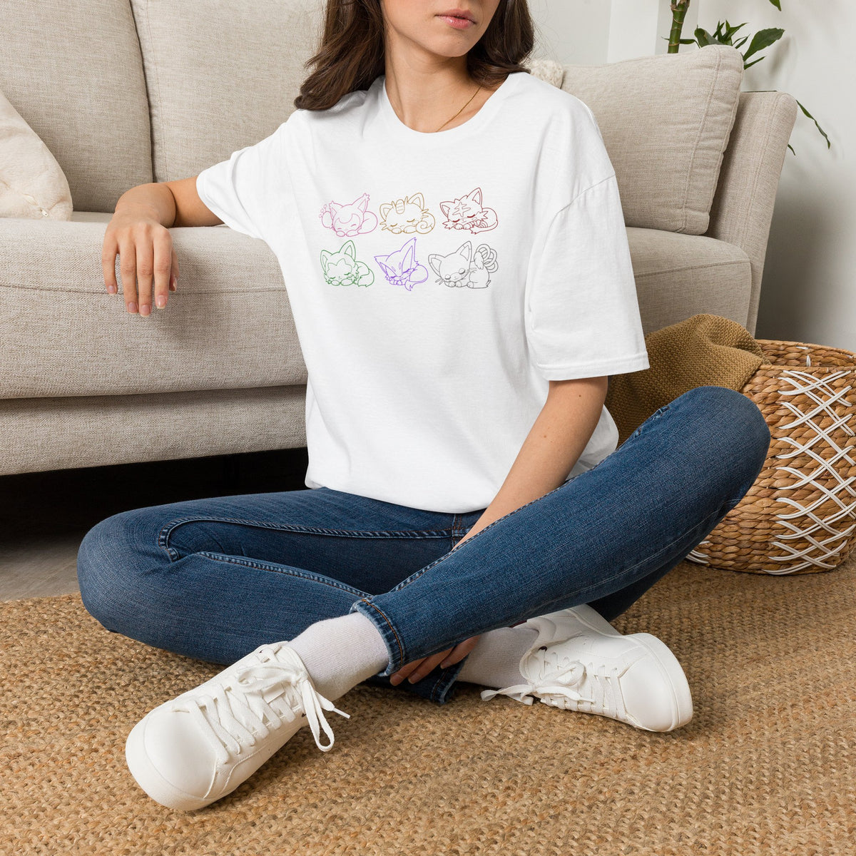 Sleeping Pokémon Cats Line Art T-Shirt | Pastel Rainbow Kitten Trio Anime Tee Shirt