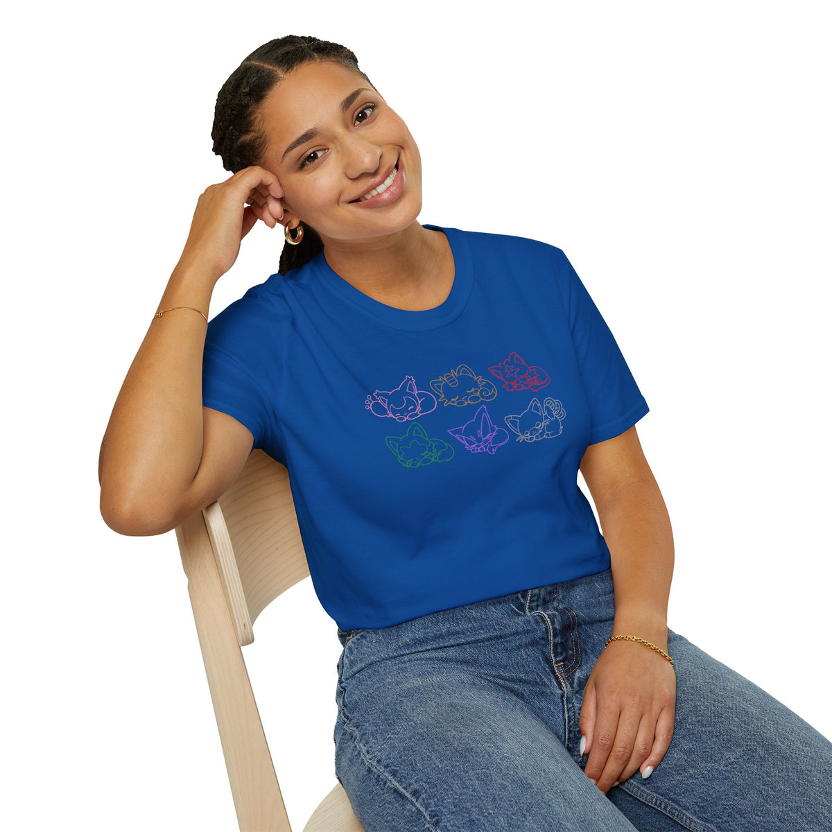 Sleeping Pokémon Cats Line Art T-Shirt | Pastel Rainbow Kitten Trio Anime Tee Shirt