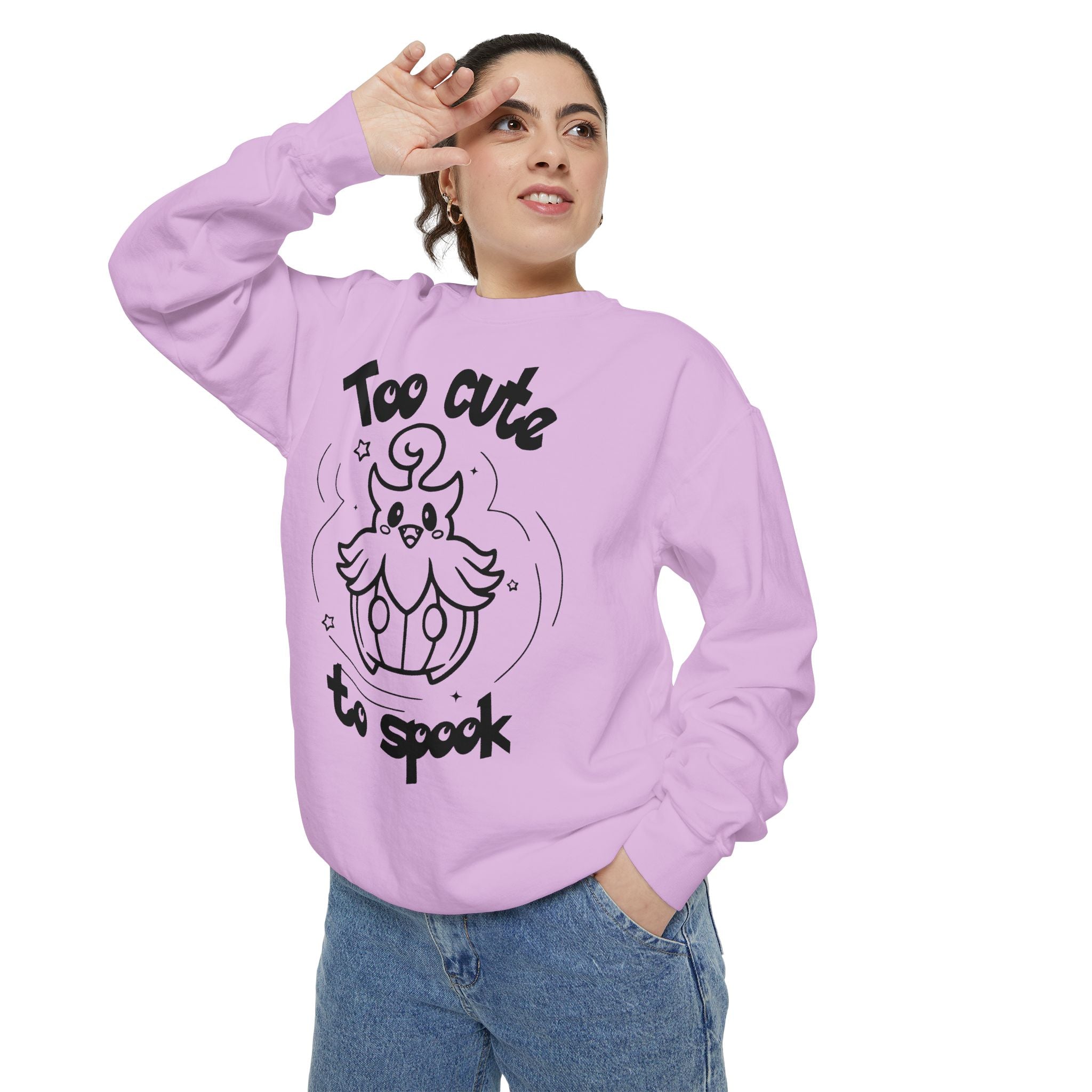 Too Cute to Spook Crewneck Sweatshirt | Comfy Halloween Theme Ghost Pumpkin Design