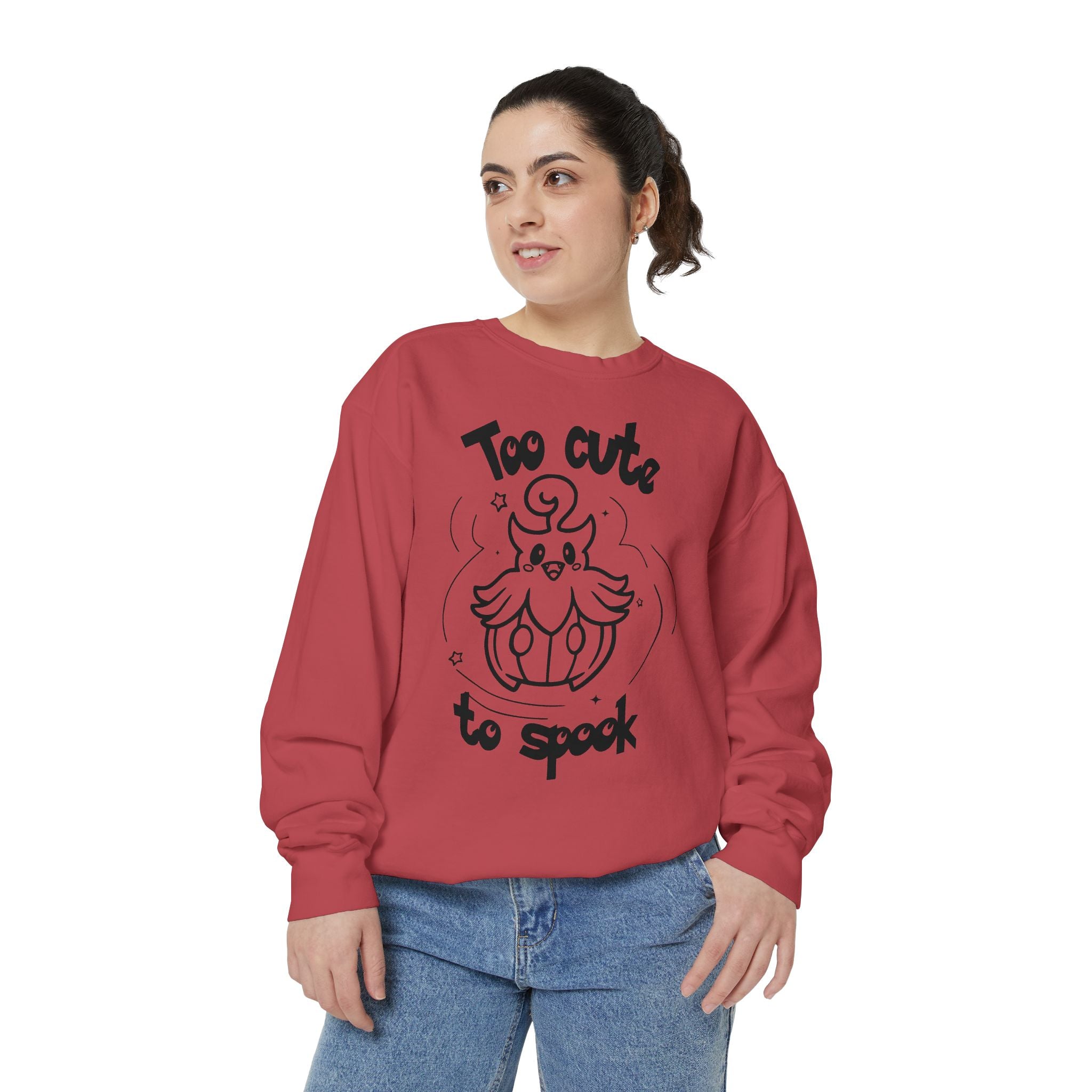 Too Cute to Spook Crewneck Sweatshirt | Comfy Halloween Theme Ghost Pumpkin Design