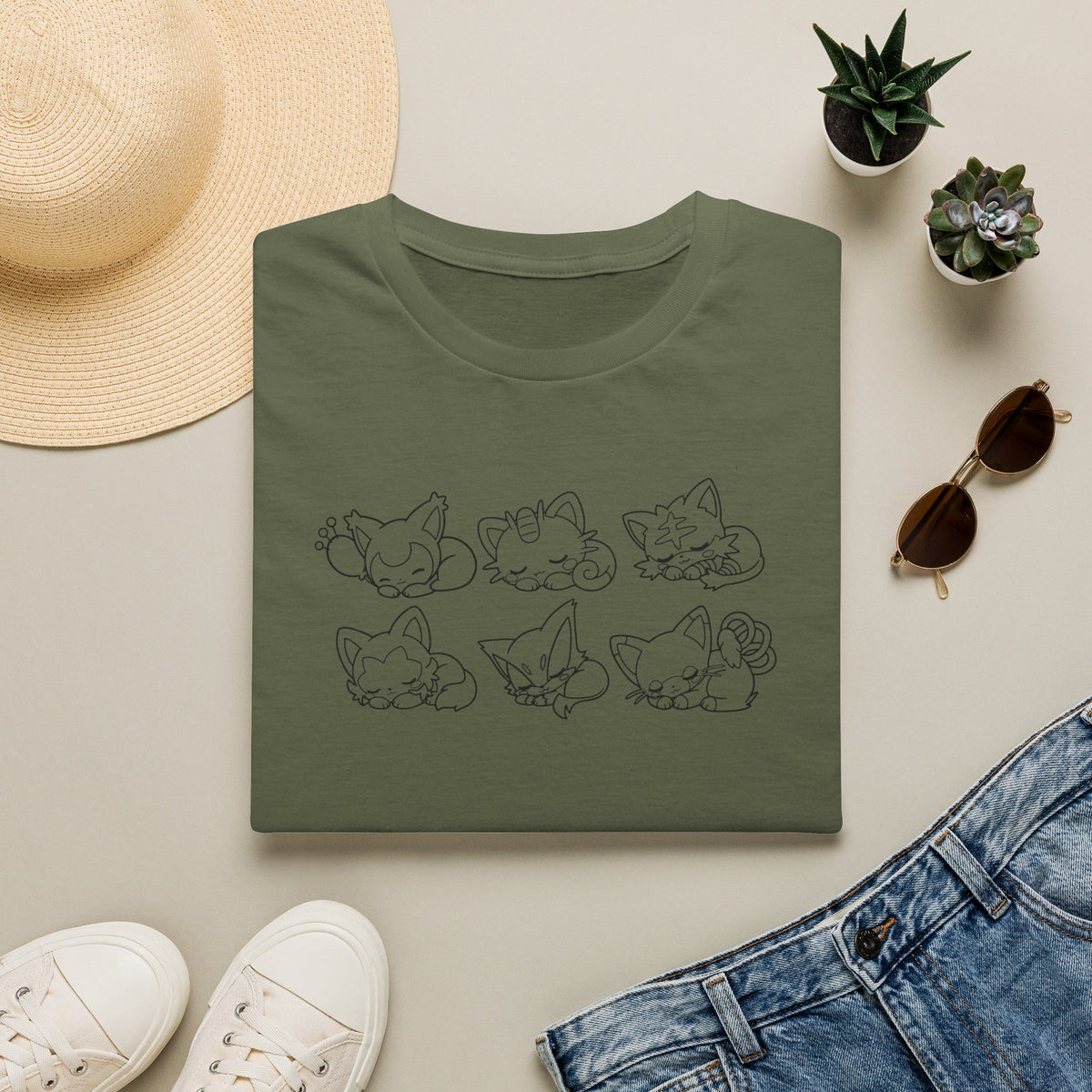 Sleeping Pokémon Cats Line Art T-Shirt | Pastel Rainbow Kitten Trio Anime Tee Shirt